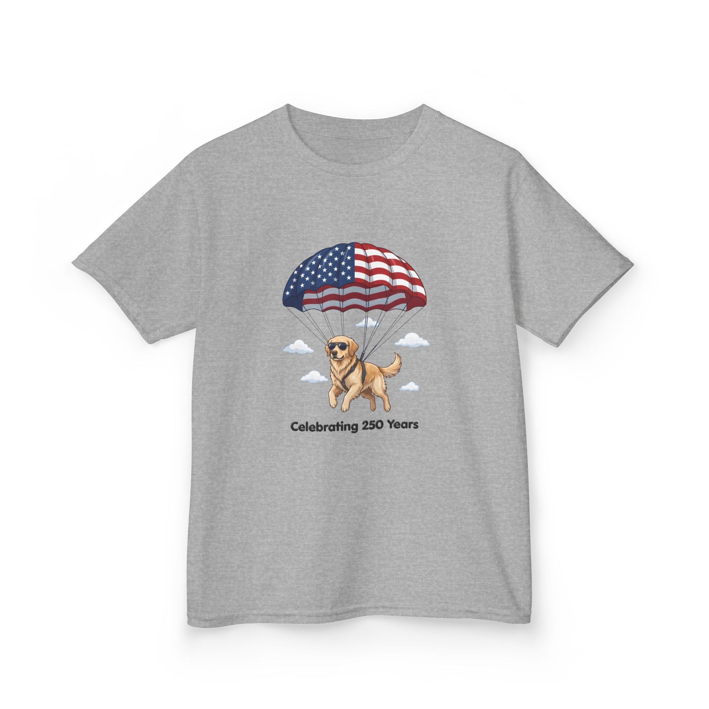 Kids Tee — Dog with Parachute, "Celebrating 250 Years" (Patriotic Fourth of July)