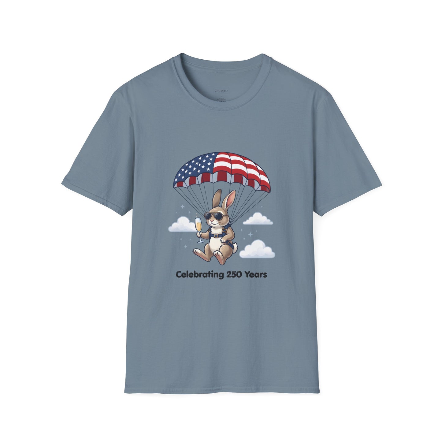 Patriotic Parachuting Bunny T-Shirt — "Celebrating 250 Years"