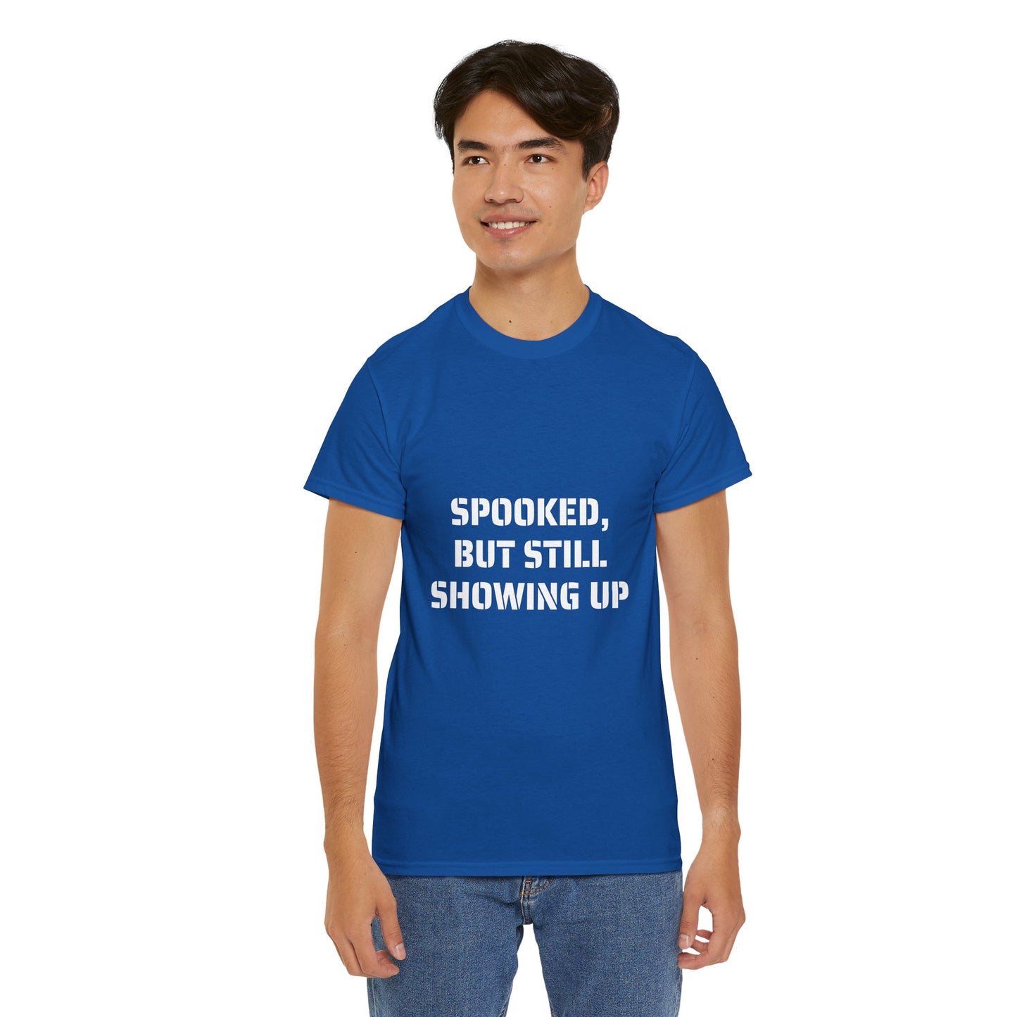Spooked, But Still Showing Up Unisex Heavy Cotton Tee | Halloween, Funny T-Shirt