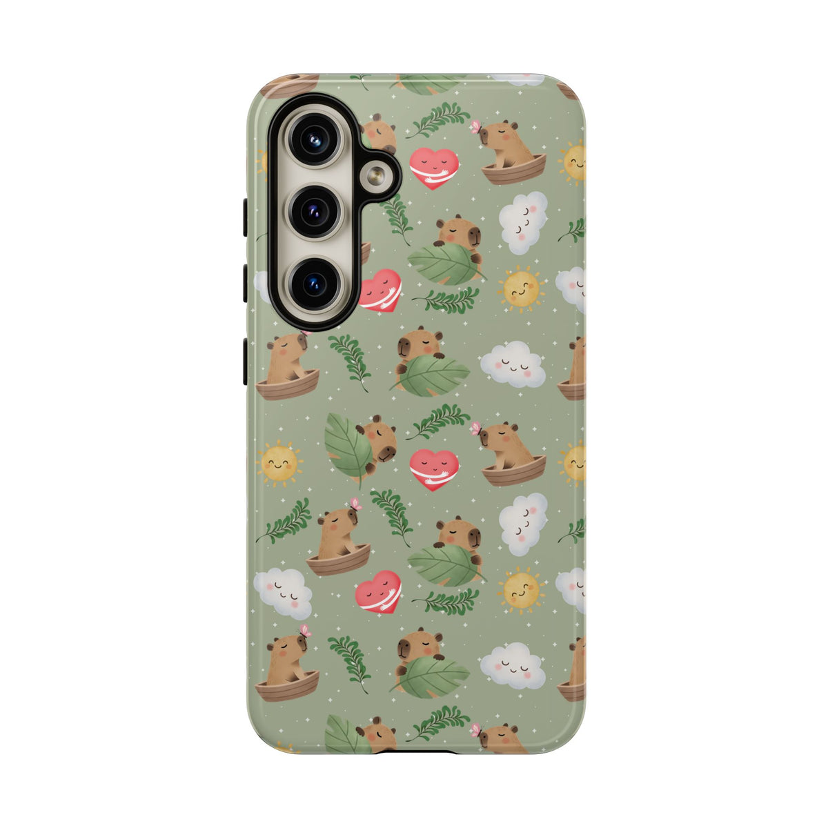 Cute Capybara Pattern Phone Case — Green Botanical Tough Case