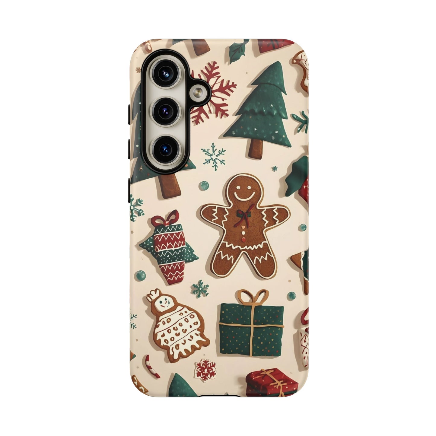 Christmas Phone Case with Gingerbread and Christmas Tree Design, Dual Layer Case for Iphone 17, 16, 15, 14, 13, 12, 11 & Samsung