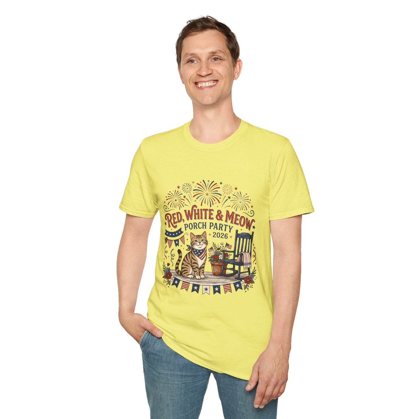 Red, White & Meow Porch Party T-Shirt — 2026 Patriotic Cat Tee, 4th of July Shirt, Independence Day Gift