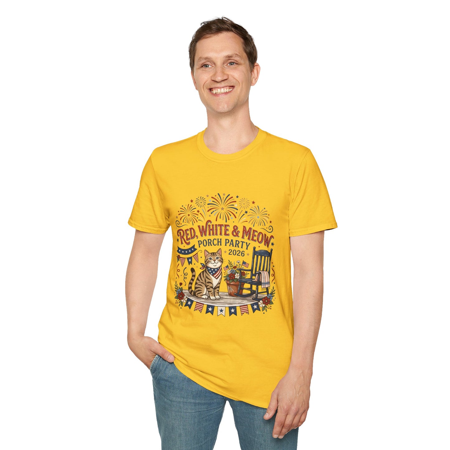 Red, White & Meow Porch Party T-Shirt — 2026 Patriotic Cat Tee, 4th of July Shirt, Independence Day Gift