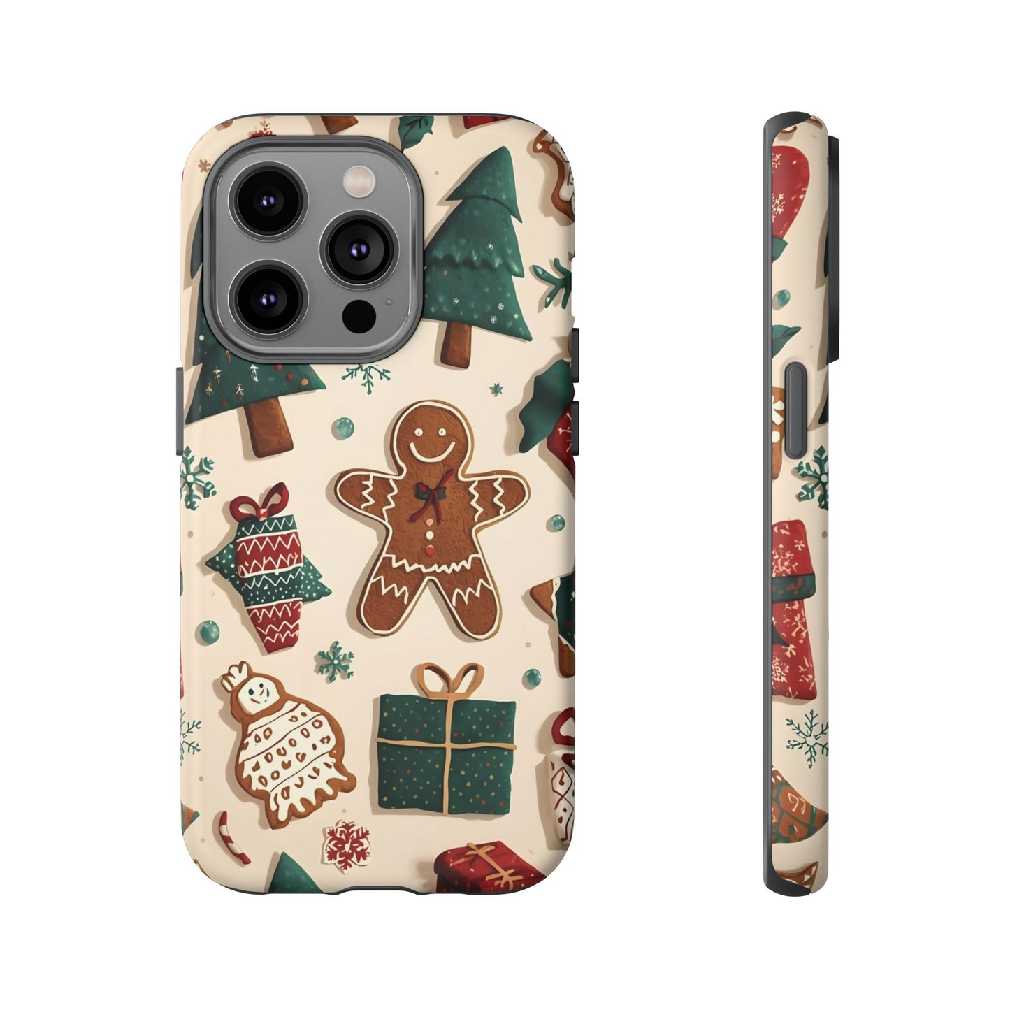 Christmas Phone Case with Gingerbread and Christmas Tree Design, Dual Layer Case for Iphone 17, 16, 15, 14, 13, 12, 11 & Samsung