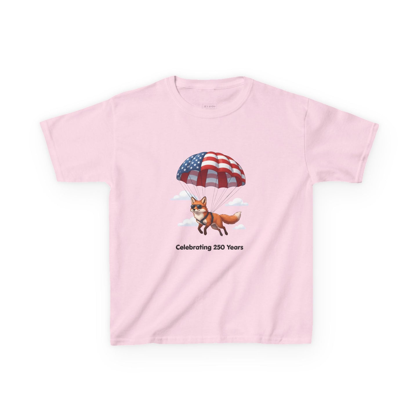 Kids Tee — Patriotic Fox with Parachute - “Celebrating 250 Years”