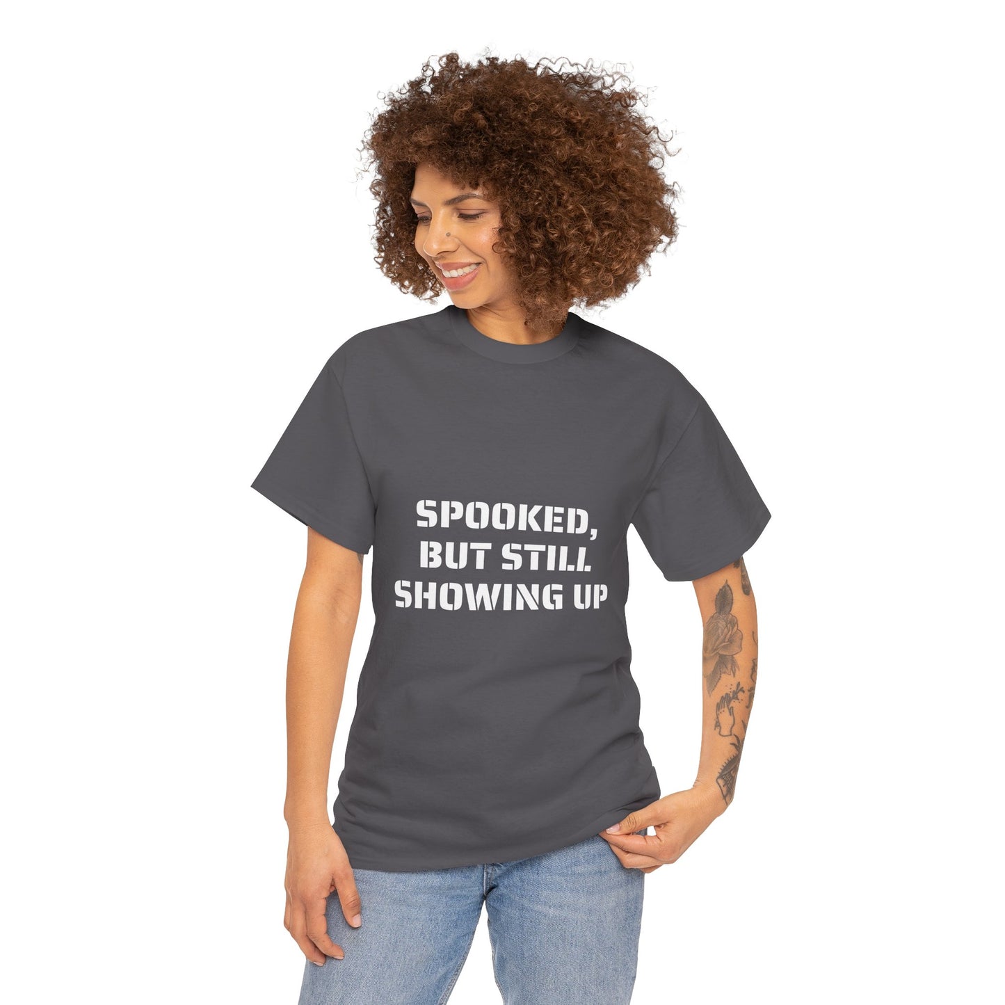 Spooked, But Still Showing Up Unisex Heavy Cotton Tee | Halloween, Funny T-Shirt