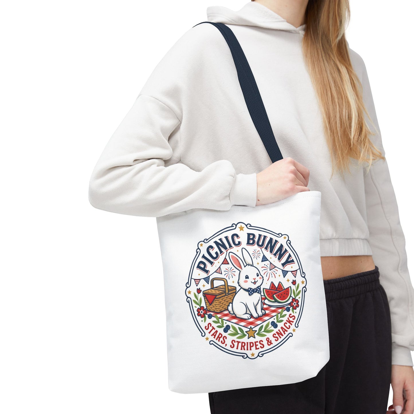 Patriotic Picnic Bunny Tote Bag — ‘Stars, Stripes & Snacks’ Cute Rabbit Picnic Tote, 4th of July Tote