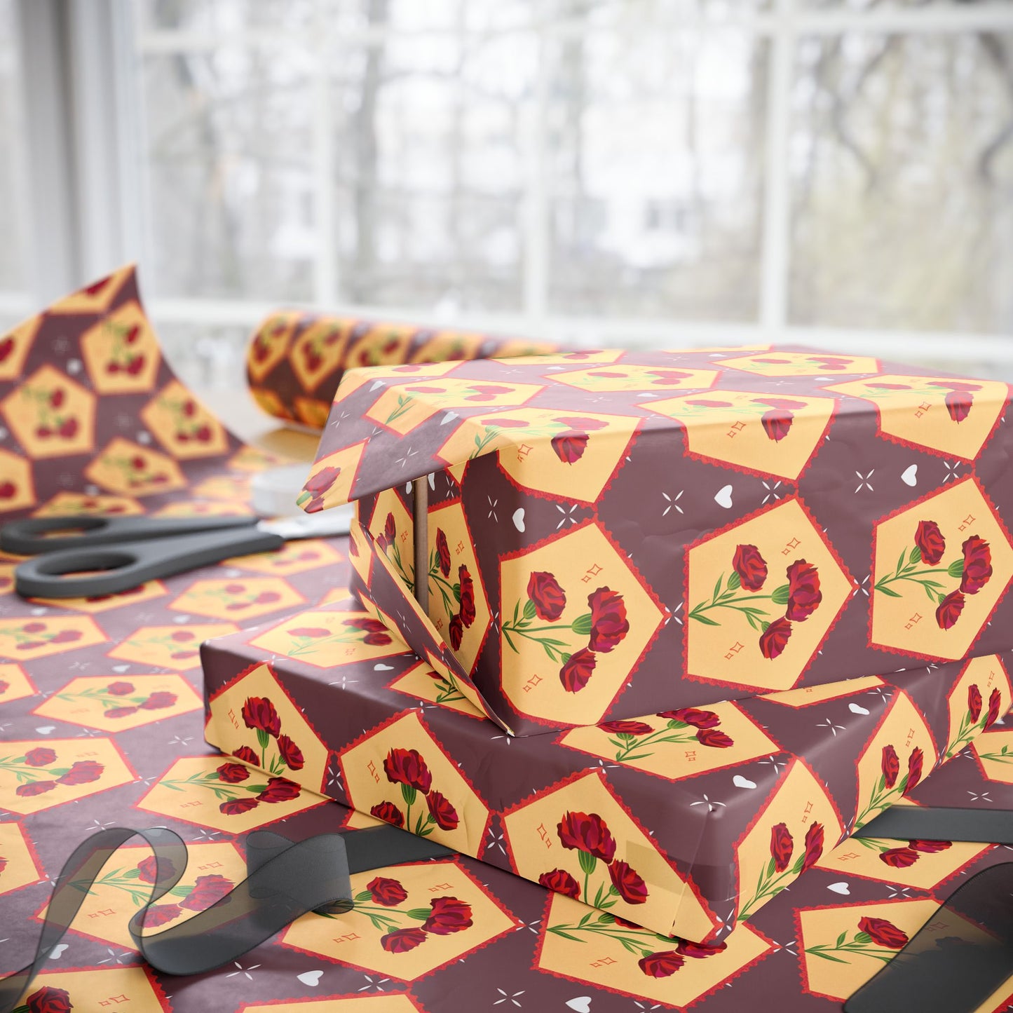 Floral Wrapping Paper Roll — Vintage Red Tulip Gift Wrap Paper for Valentine's Day, Birthdays