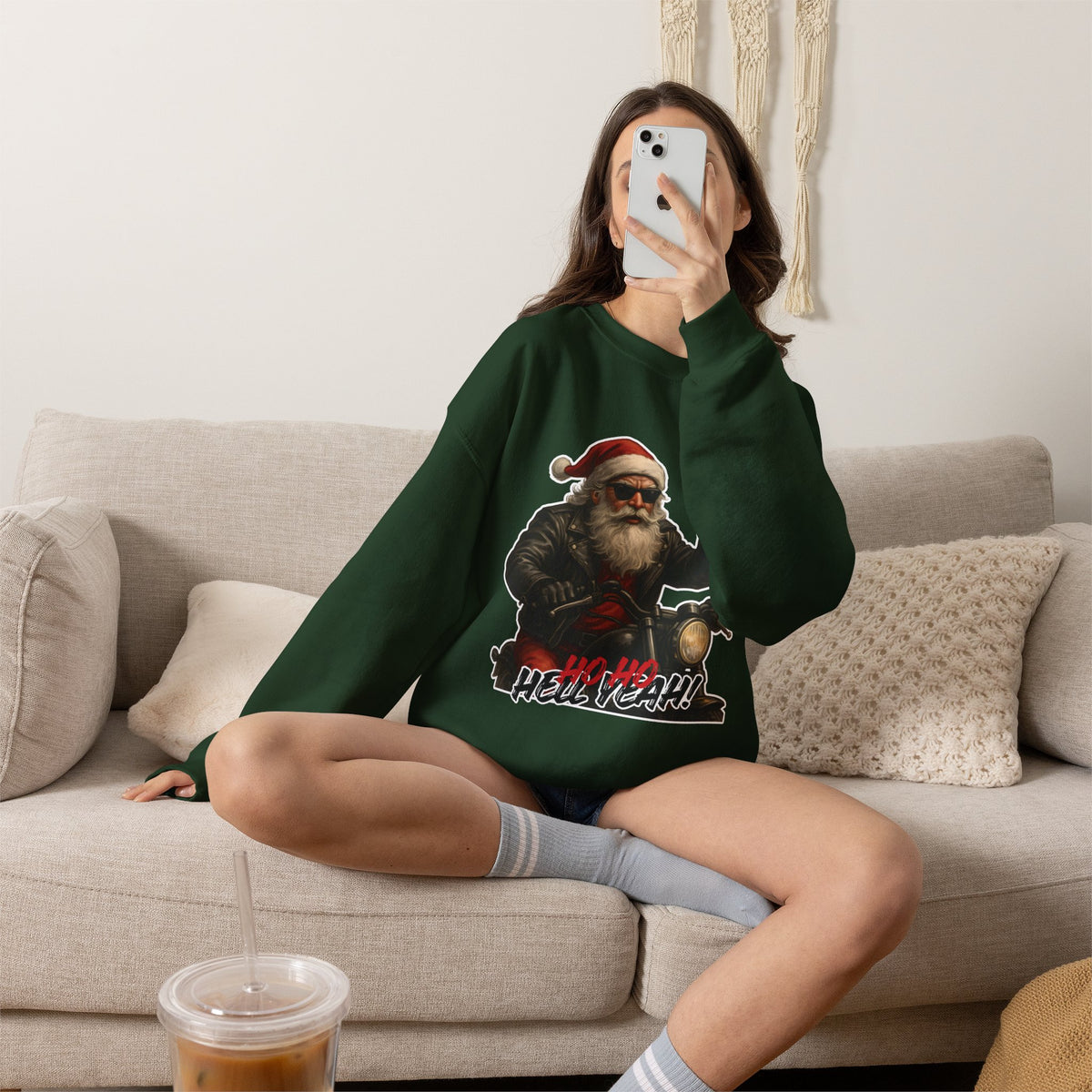 Santa Biker Crewneck Sweatshirt – 'Ho Ho Hell Yeah' Christmas Motorcycle Pullover