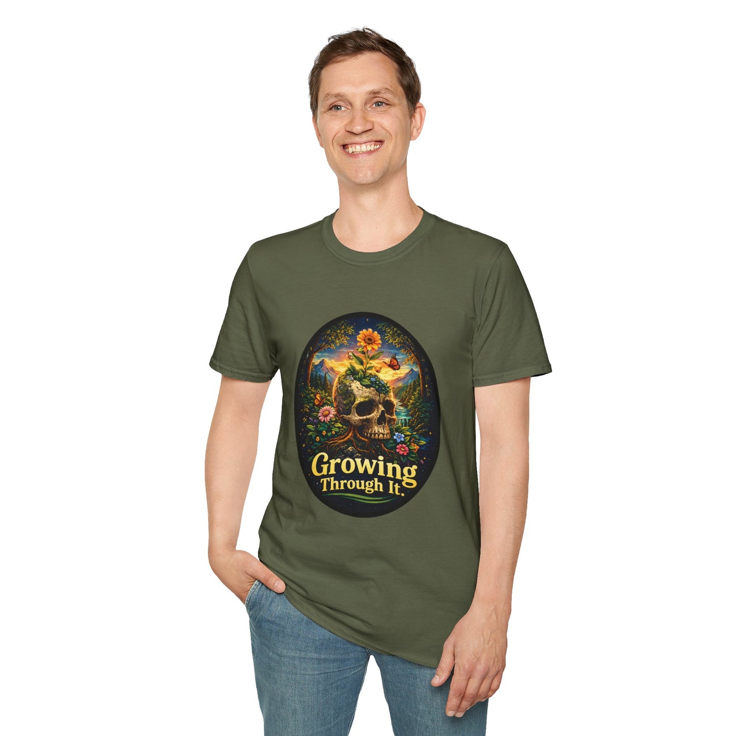 Growing Through It T-Shirt – Earth Day Nature Skull Graphic Tee | Mental Growth & Healing Shirt | Botanical Aesthetic Unisex Tee