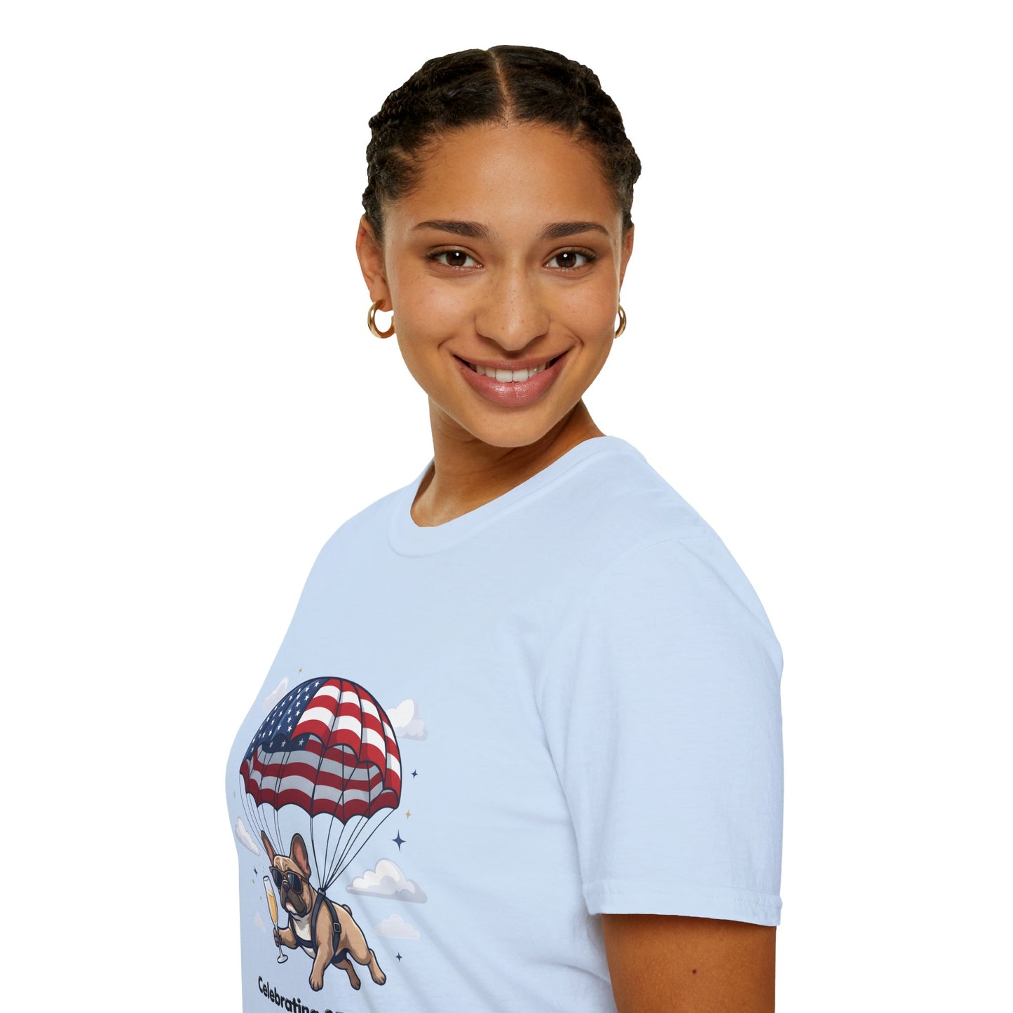 Patriotic French Bulldog T-Shirt — "Celebrating 250 Years" Parachute Design