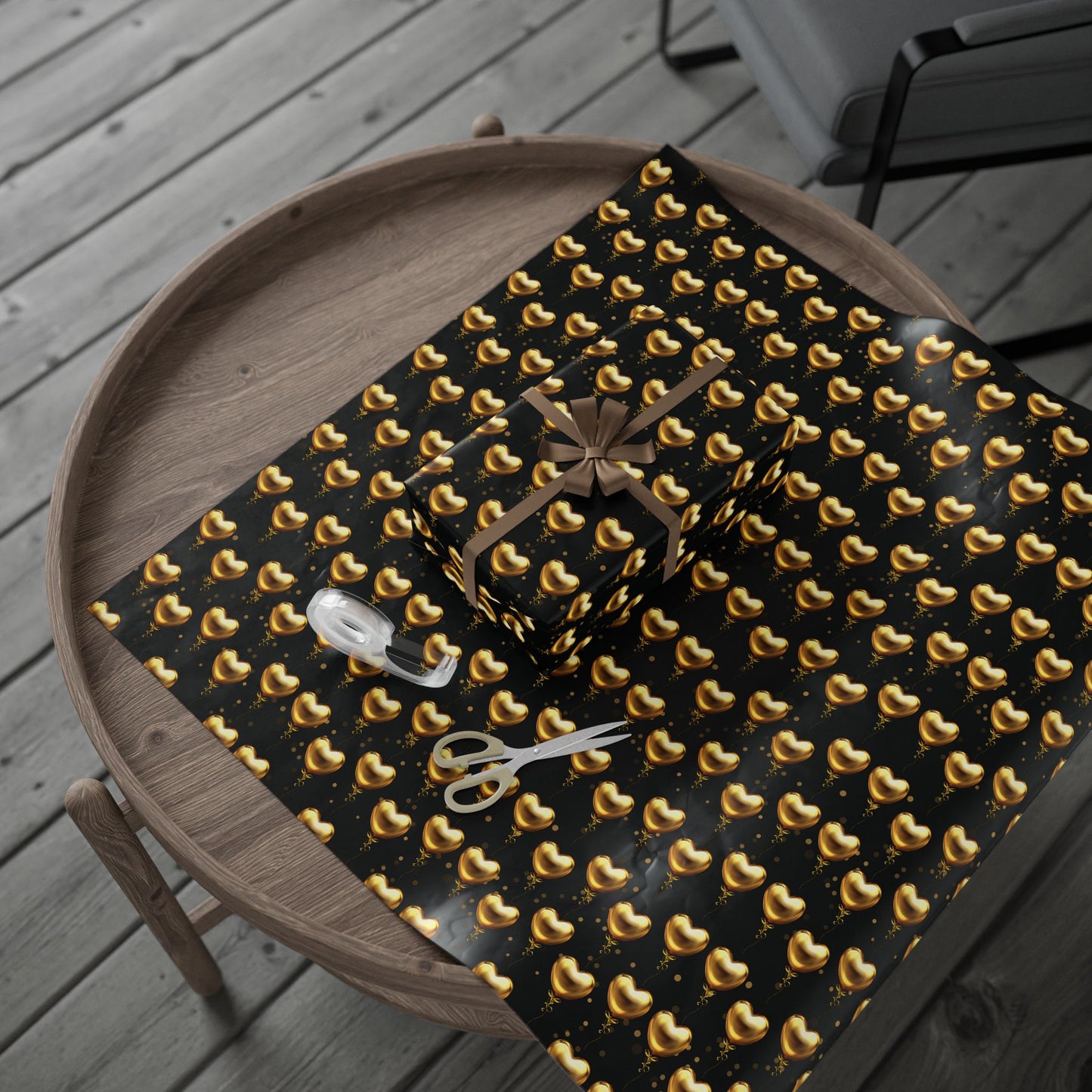 Gold Heart Pattern Wrapping Paper — Black & Metallic Gift Wrap for Valentine’s, Anniversaries, Weddings