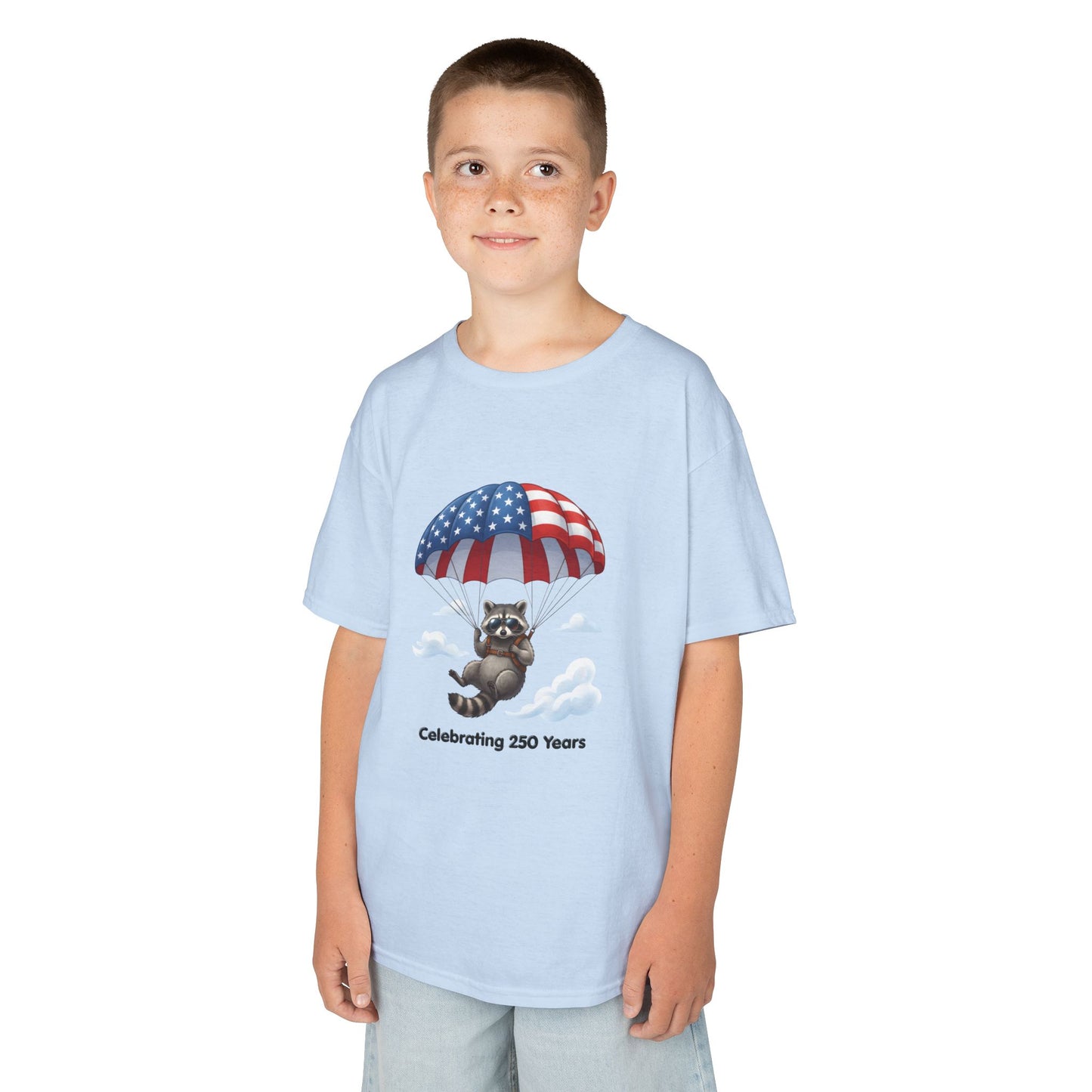 Kids T-Shirt — Patriotic Raccoon Parachute “Celebrating 250 Years”
