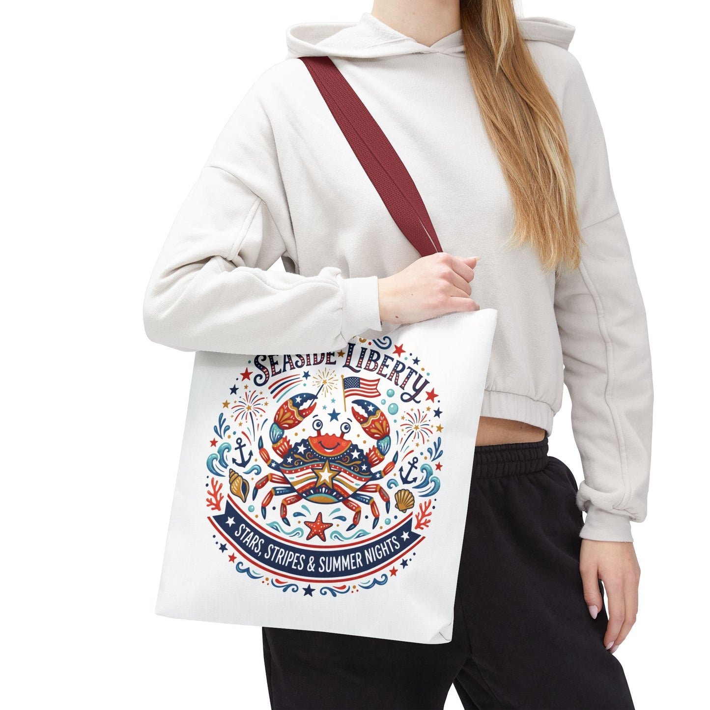 Seaside Liberty Tote Bag — 4th of July, Patriotic Bag "Stars, Stripes & Summer Nights"