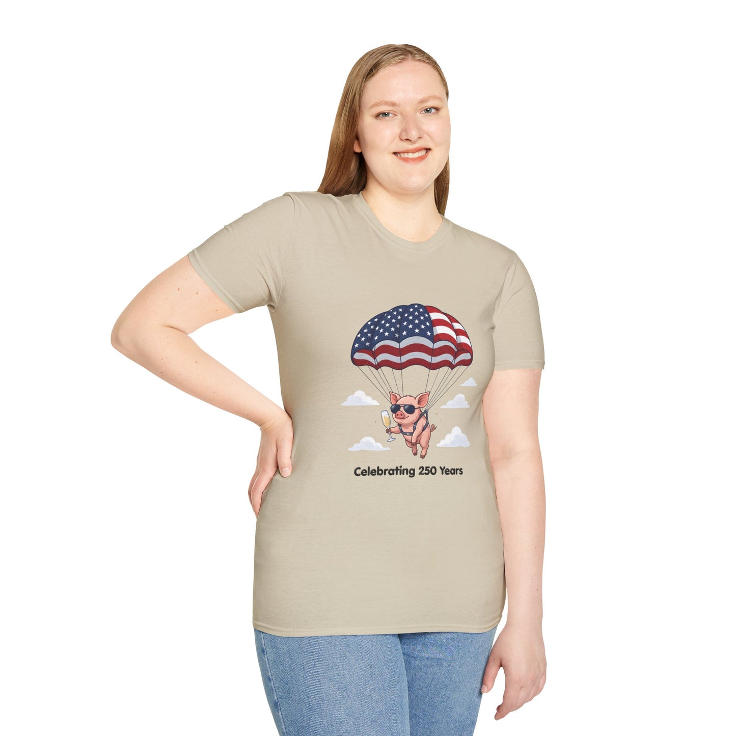 Patriotic Parachuting Piglet T-shirt - “Celebrating 250 Years”