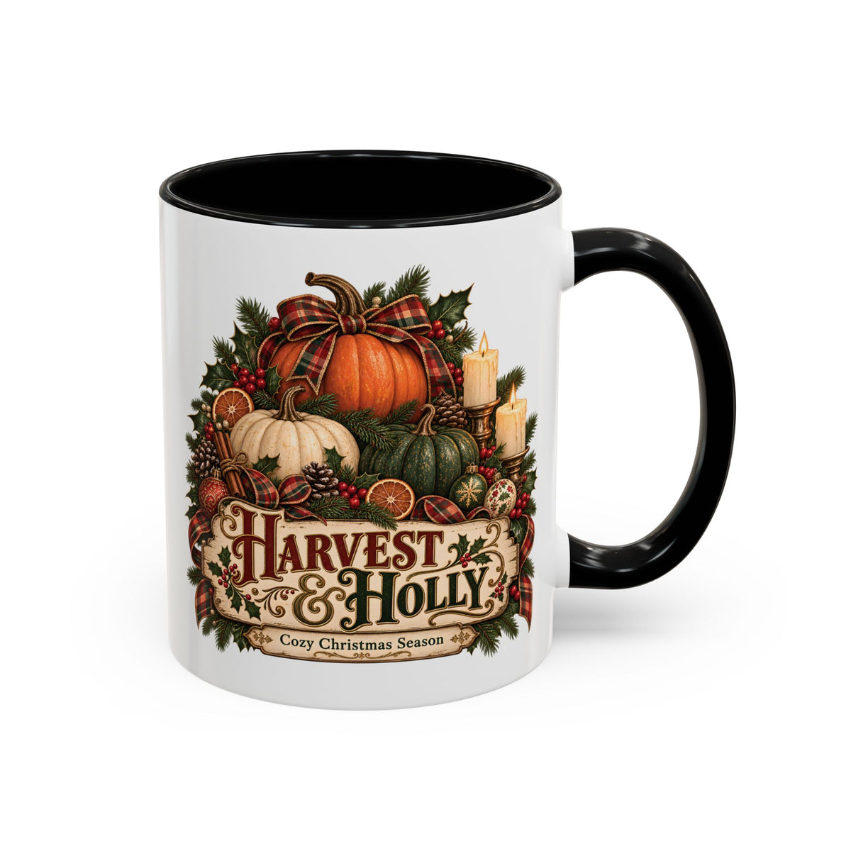 Harvest & Holly Accent Coffee Mug - Vintage Christmas Holiday Mug (11 oz)