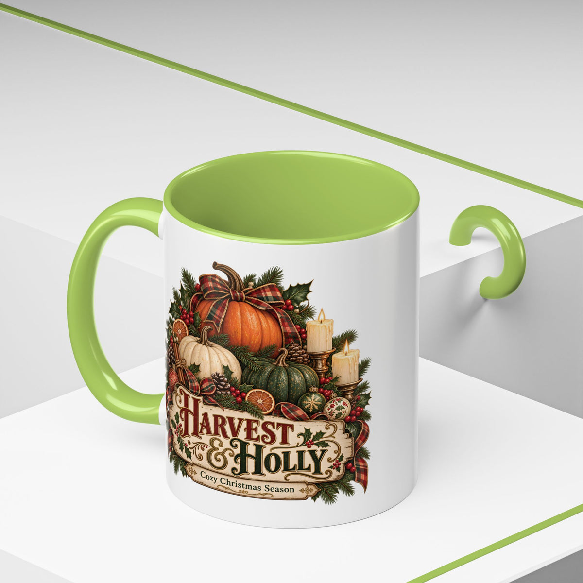 Harvest & Holly Accent Coffee Mug - Vintage Christmas Holiday Mug (11 oz)