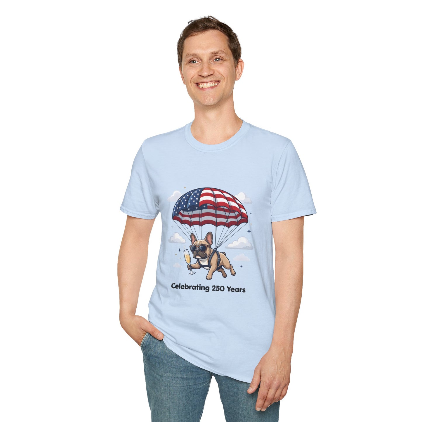 Patriotic French Bulldog T-Shirt — "Celebrating 250 Years" Parachute Design
