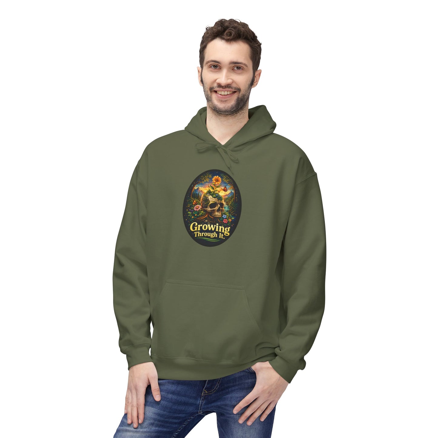 Growing Through It Hoodie – Earth Day Nature Skull Sweatshirt | Mental Growth & Healing Hoodie | Botanical Aesthetic Unisex Hoodie