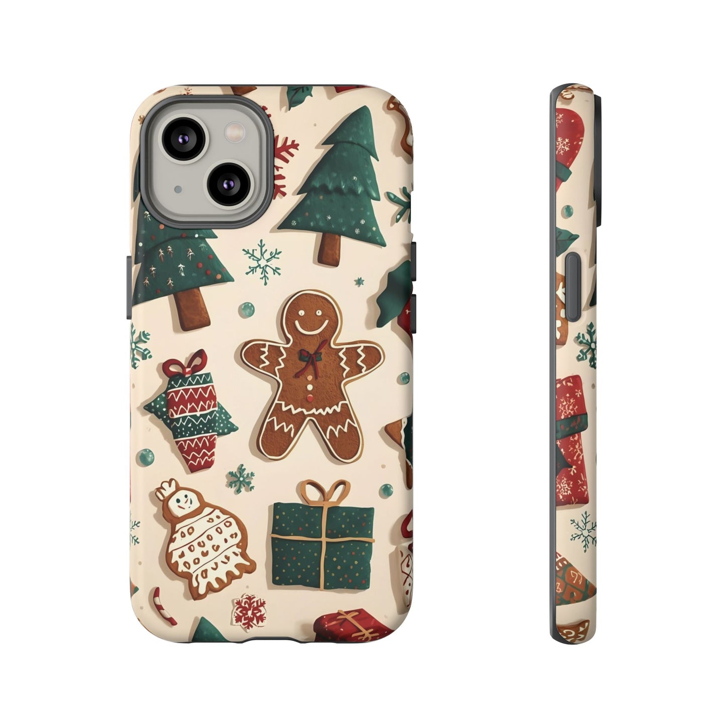 Christmas Phone Case with Gingerbread and Christmas Tree Design, Dual Layer Case for Iphone 17, 16, 15, 14, 13, 12, 11 & Samsung