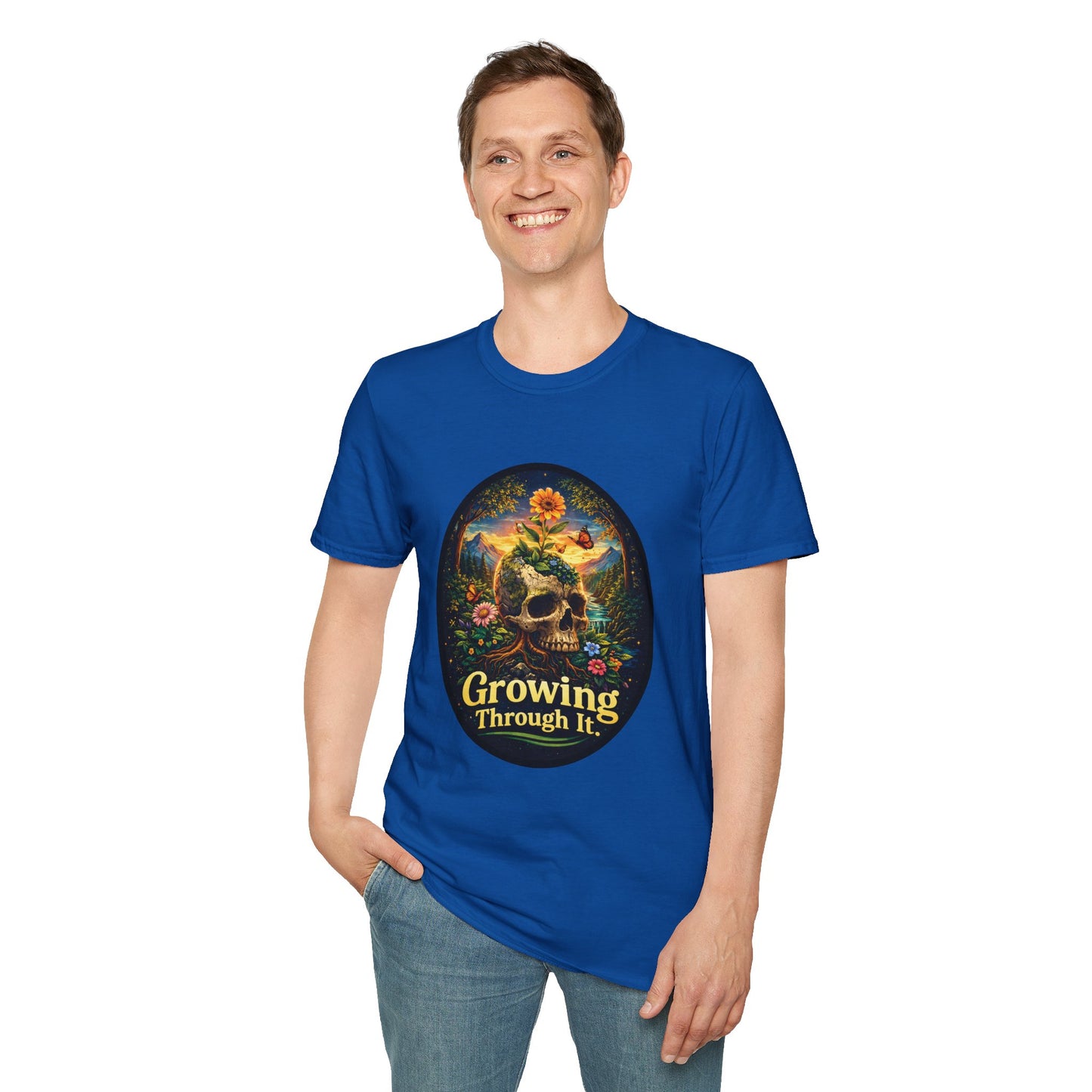 Growing Through It T-Shirt – Earth Day Nature Skull Graphic Tee | Mental Growth & Healing Shirt | Botanical Aesthetic Unisex Tee