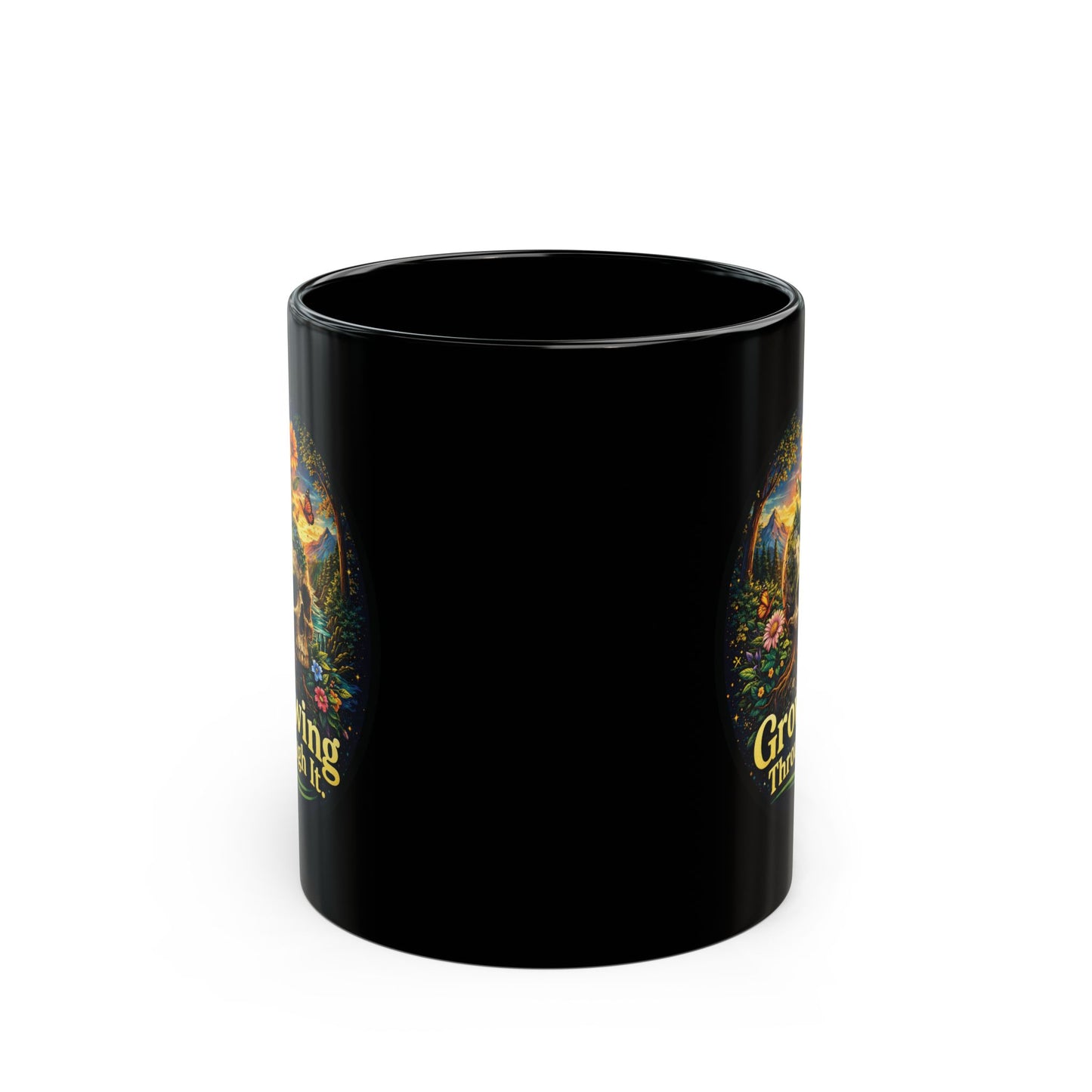 Growing Through It Black Mug – Earth Day Nature Skull Coffee Cup | Mental Growth & Healing Mug | Dark Botanical Aesthetic (11oz)