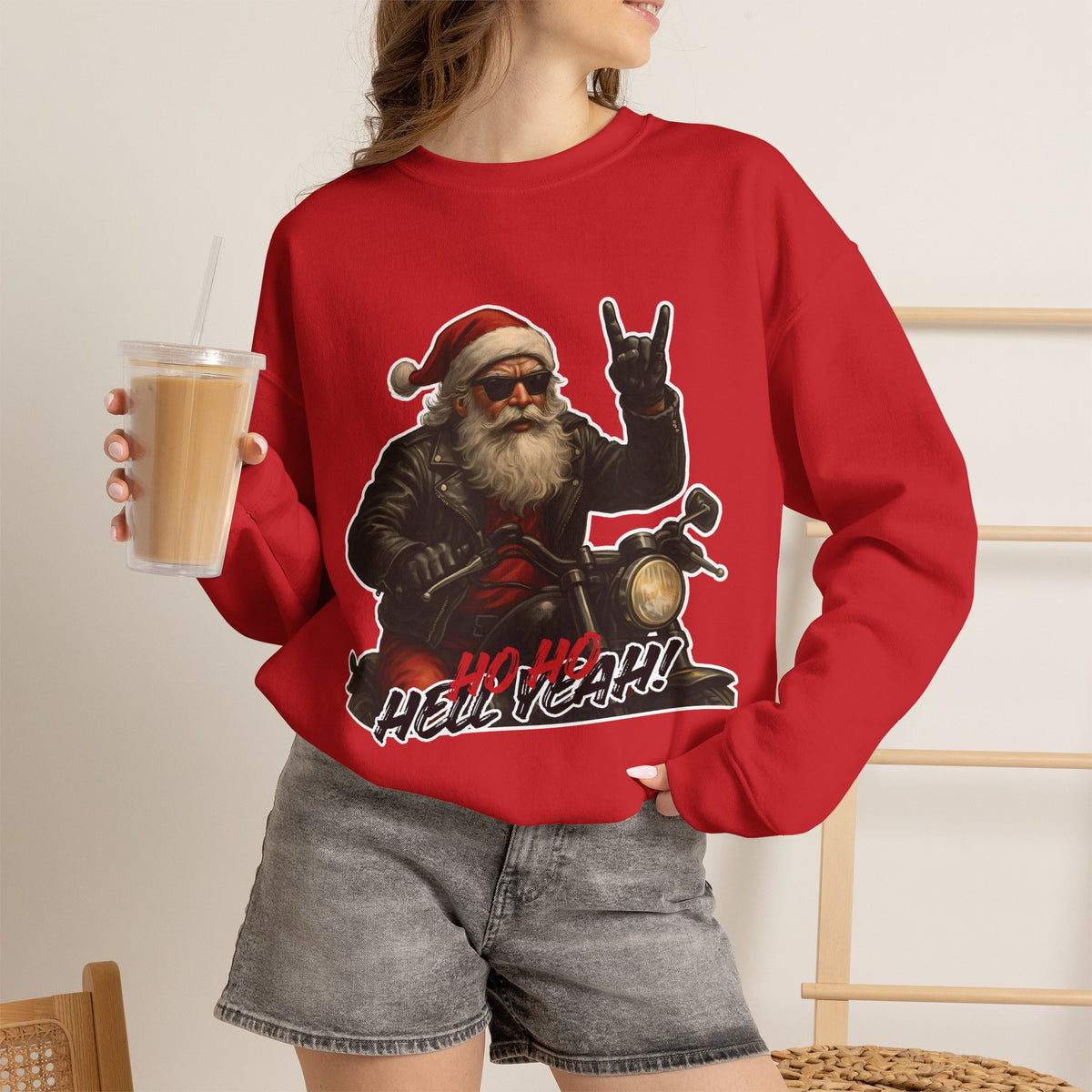 Santa Biker Crewneck Sweatshirt – 'Ho Ho Hell Yeah' Christmas Motorcycle Pullover