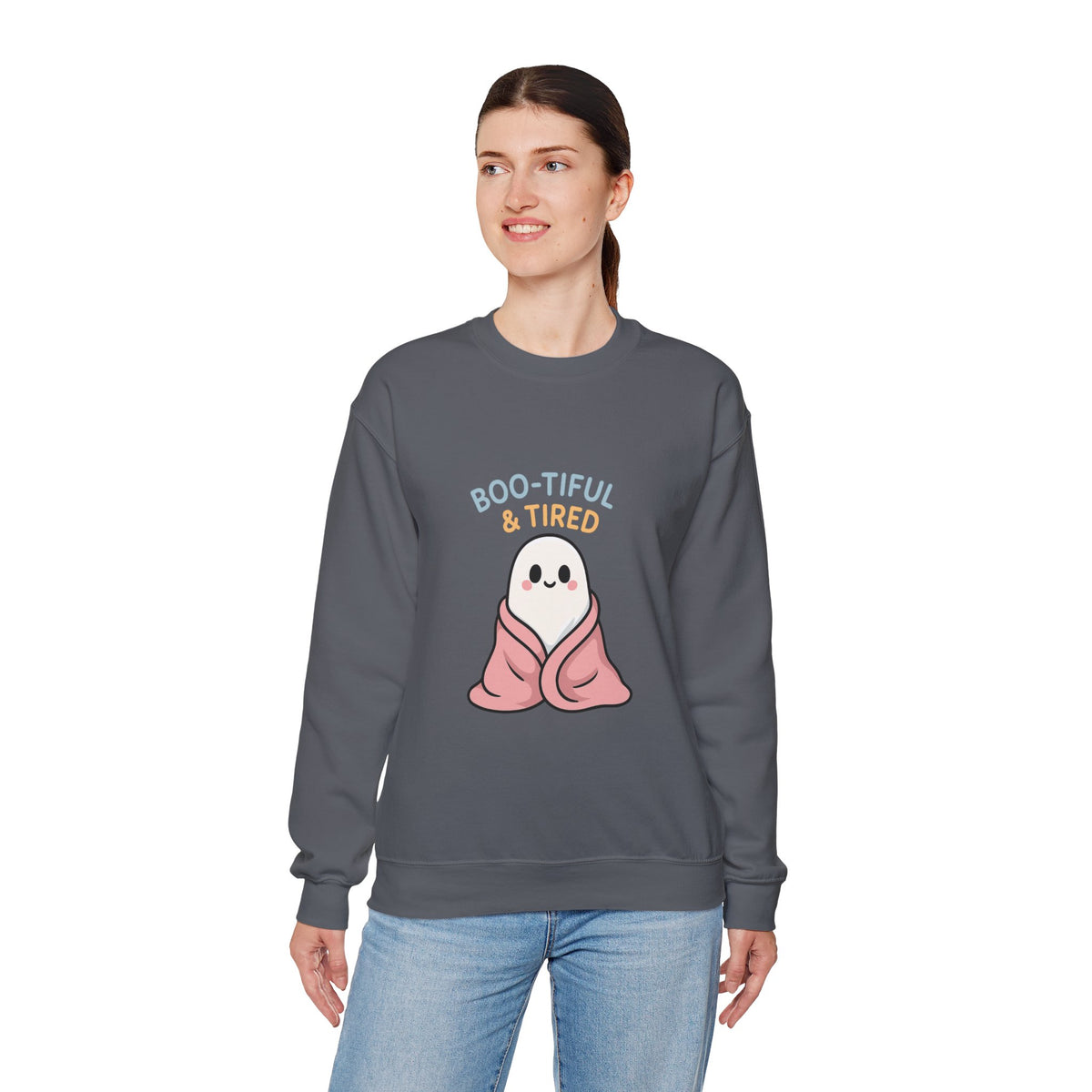 Boo-tiful & Tired Sweatshirt, Halloween-Themed Design