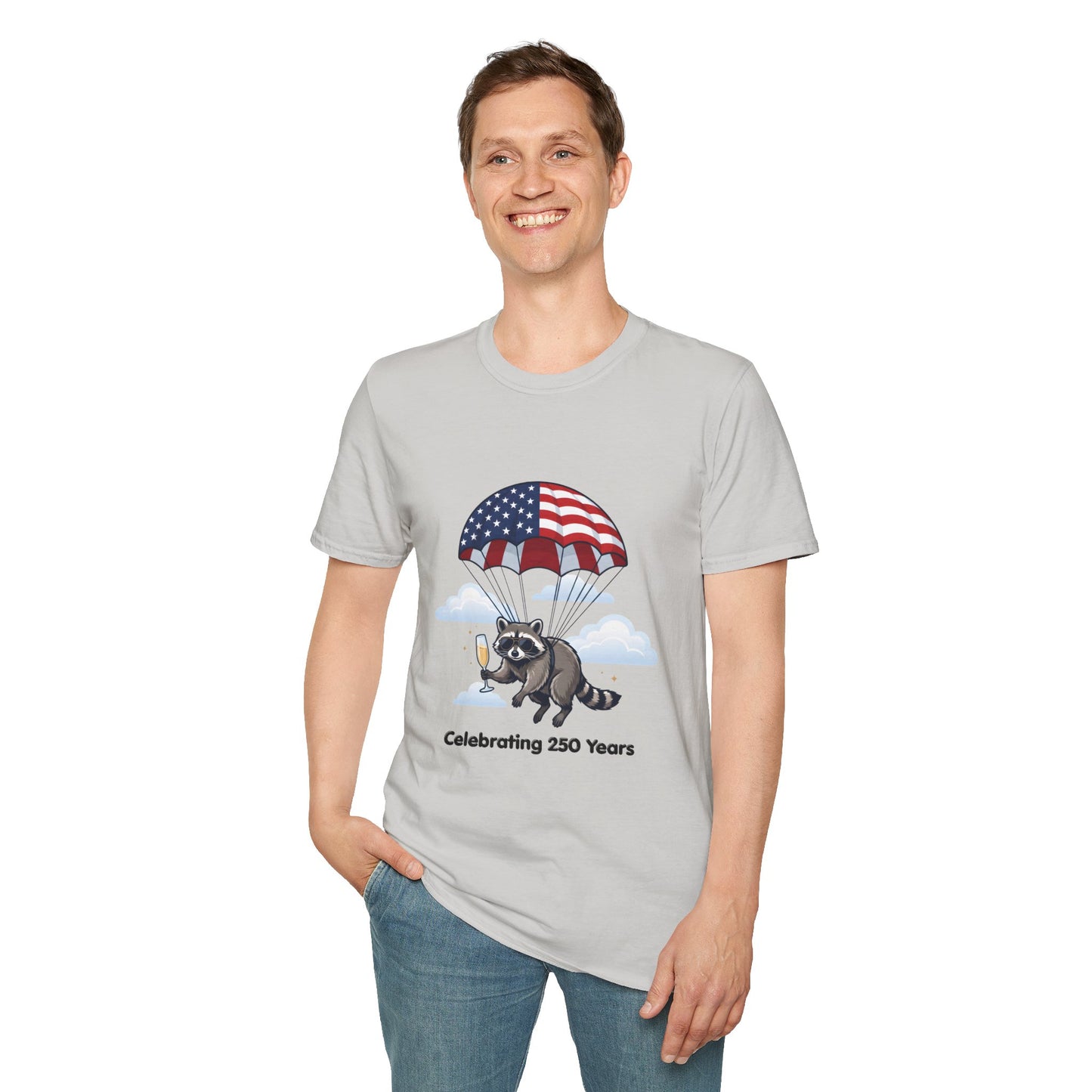 Patriotic Parachuting Raccoon T-Shirt — "Celebrating 250 Years"