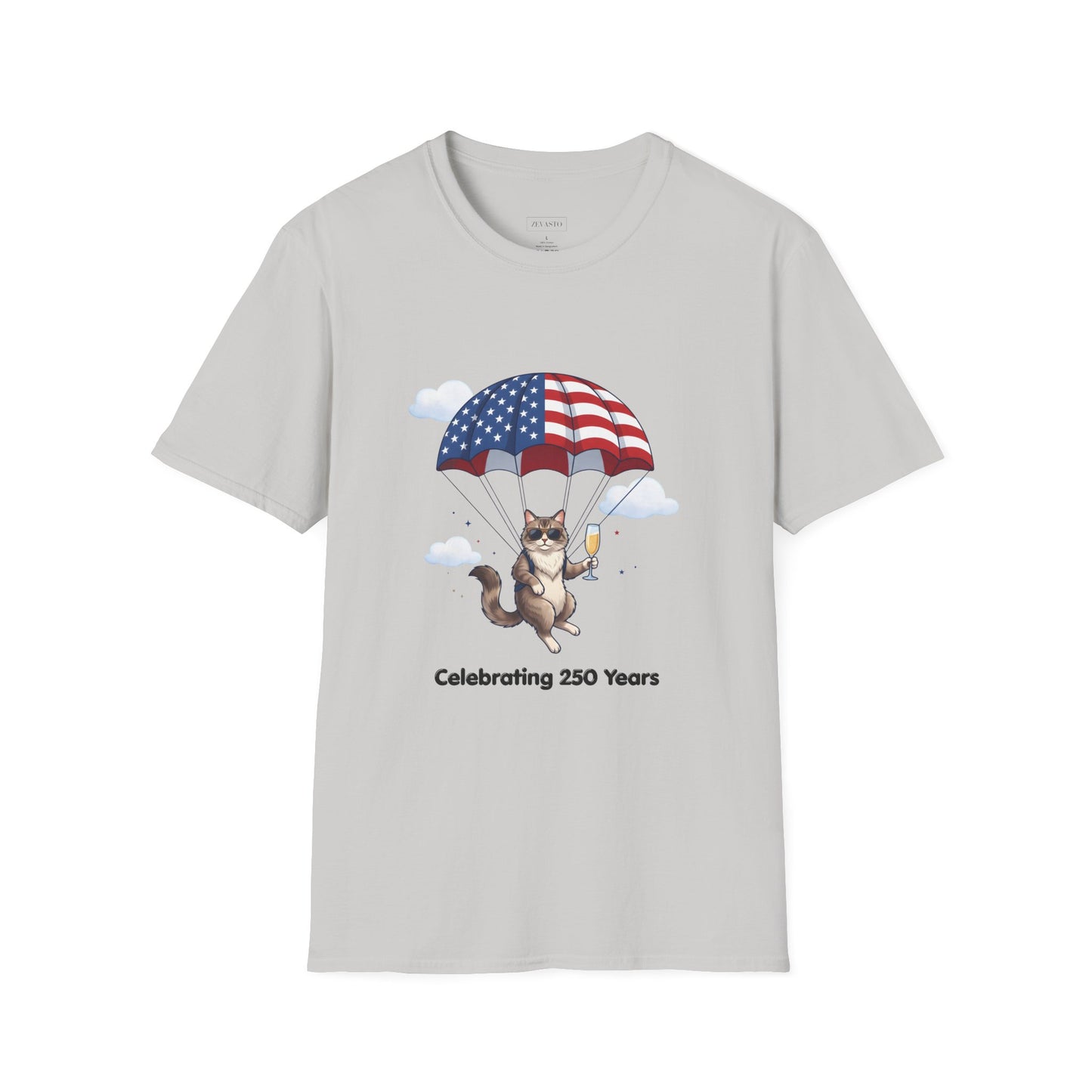 Patriotic Cat Parachute T-Shirt — "Celebrating 250 Years" 4th of July Tee