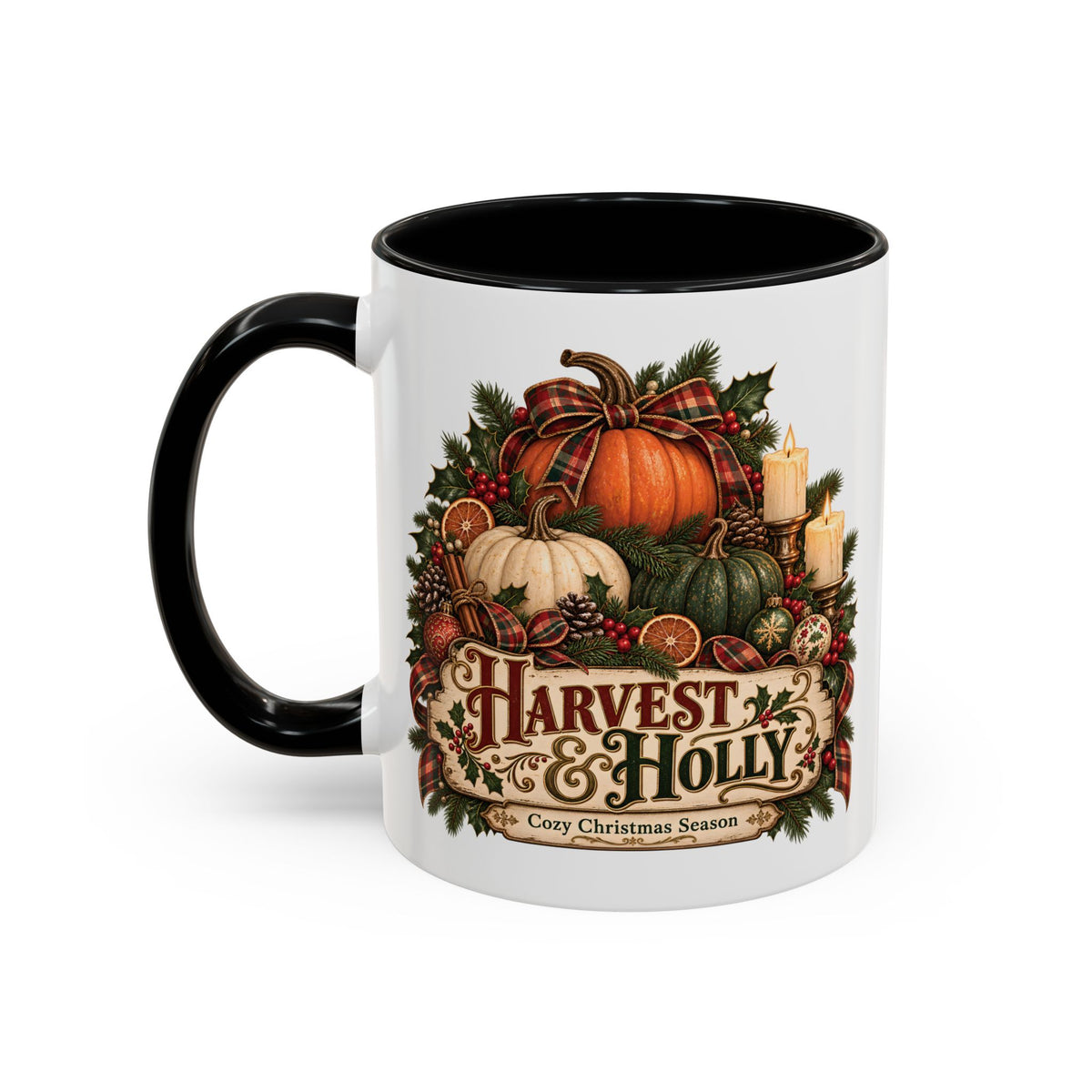 Harvest & Holly Accent Coffee Mug - Vintage Christmas Holiday Mug (11 oz)