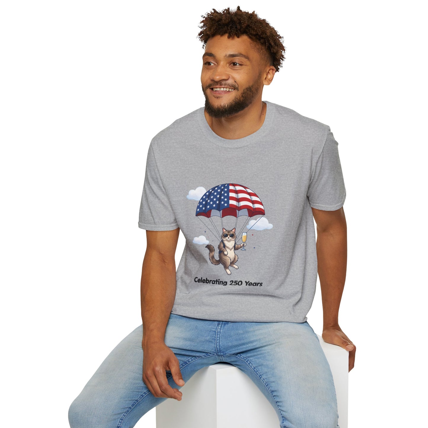 Patriotic Cat Parachute T-Shirt — "Celebrating 250 Years" 4th of July Tee