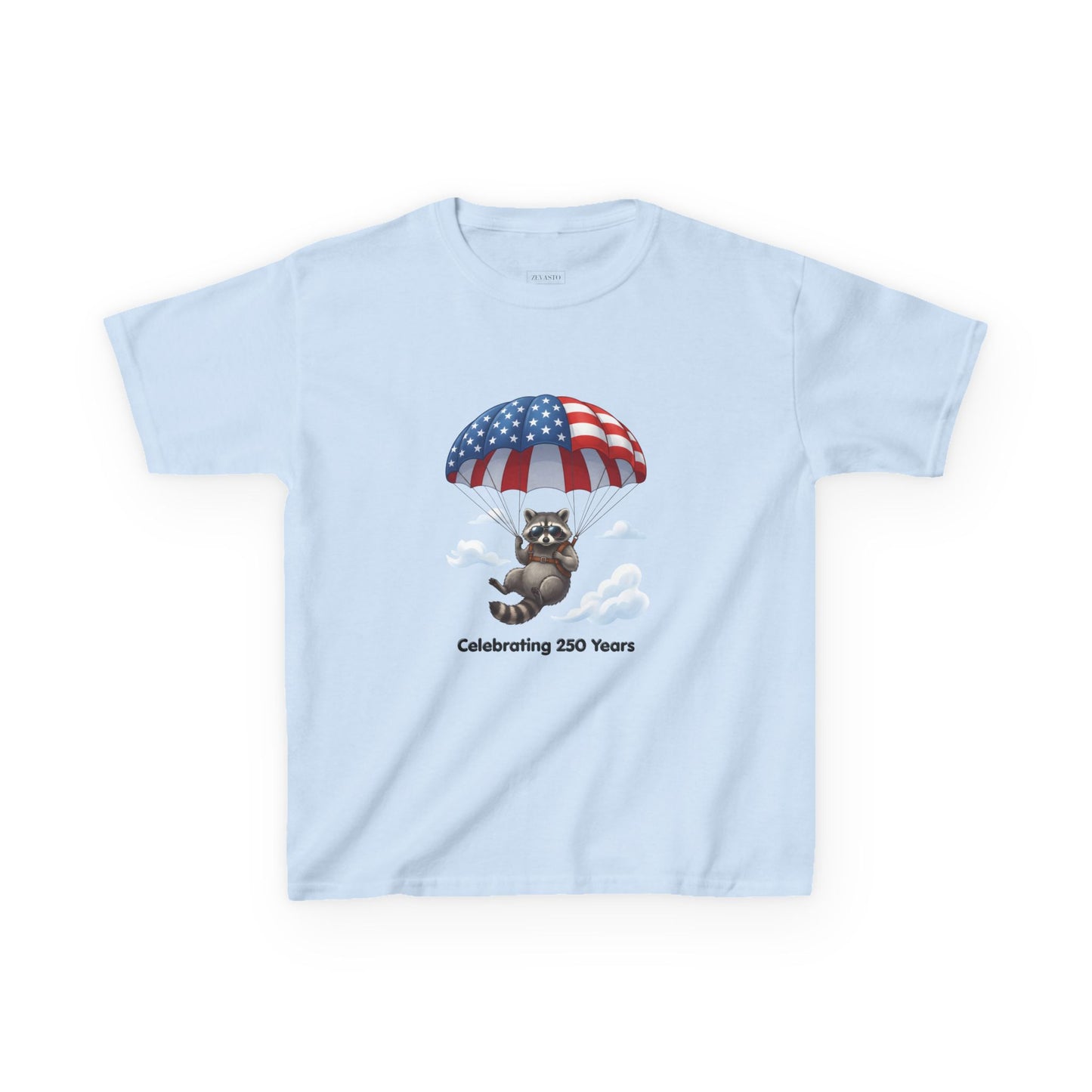 Kids T-Shirt — Patriotic Raccoon Parachute “Celebrating 250 Years”