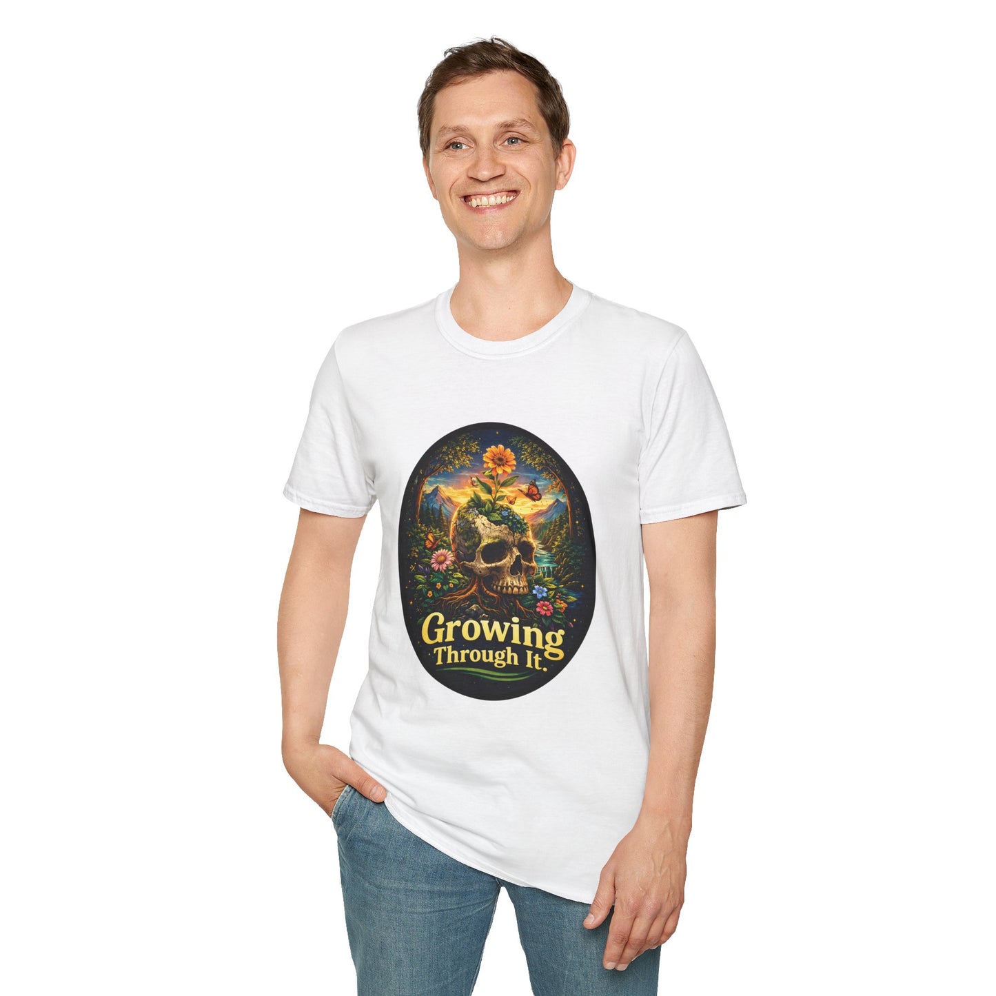 Growing Through It T-Shirt – Earth Day Nature Skull Graphic Tee | Mental Growth & Healing Shirt | Botanical Aesthetic Unisex Tee