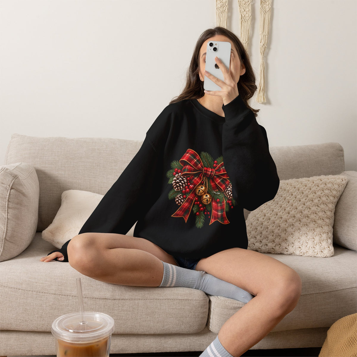 Christmas Plaid Bow Sweatshirt - Holiday Pinecone & Jingle Bells Crewneck