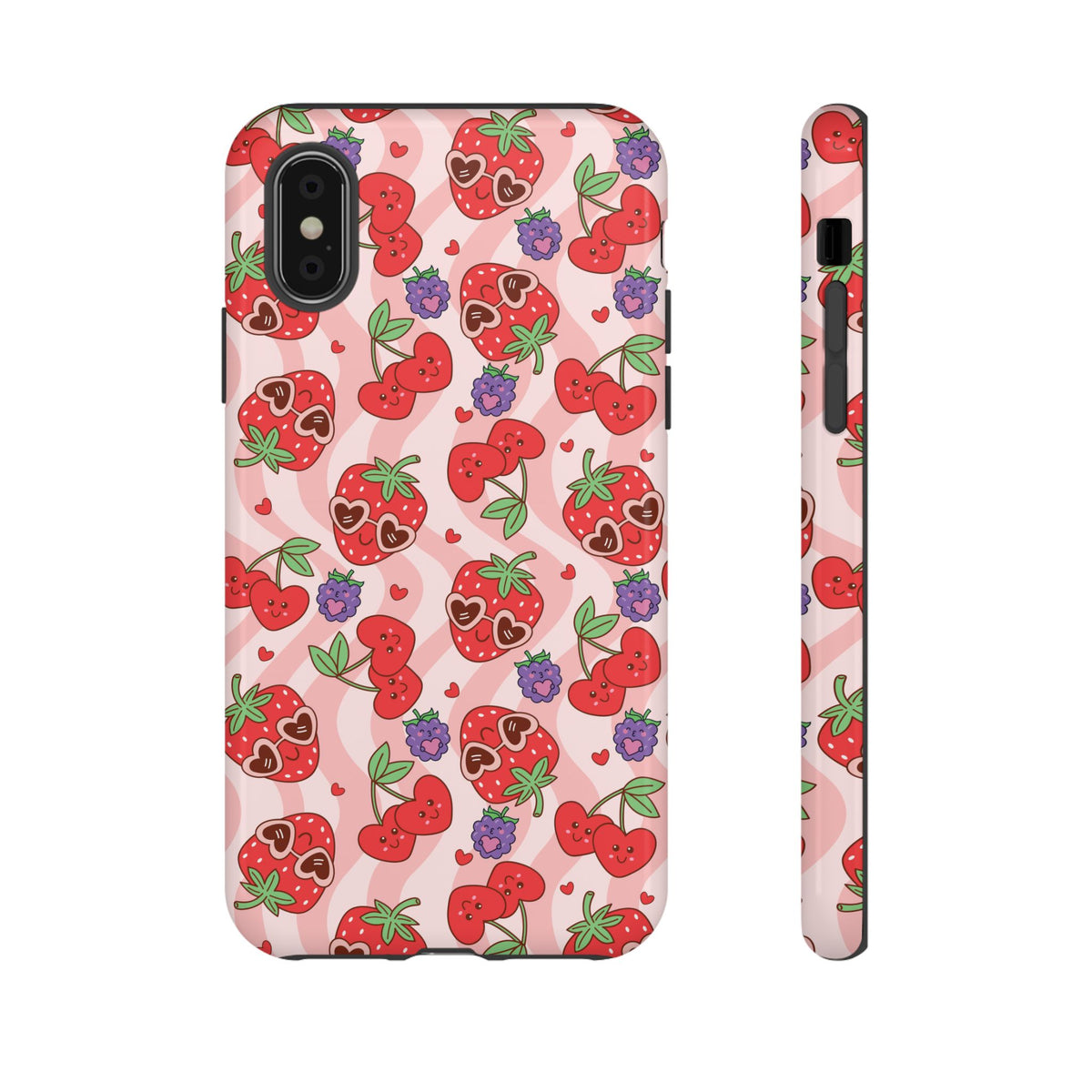 Cute Kawaii Strawberry & Cherry Phone Case — Pink Fruit Pattern Protective Case