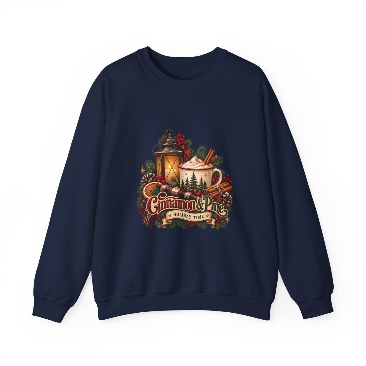 Cinnamon & Pine Crewneck Sweatshirt — Cozy Holiday Lantern Design Sweatshirt