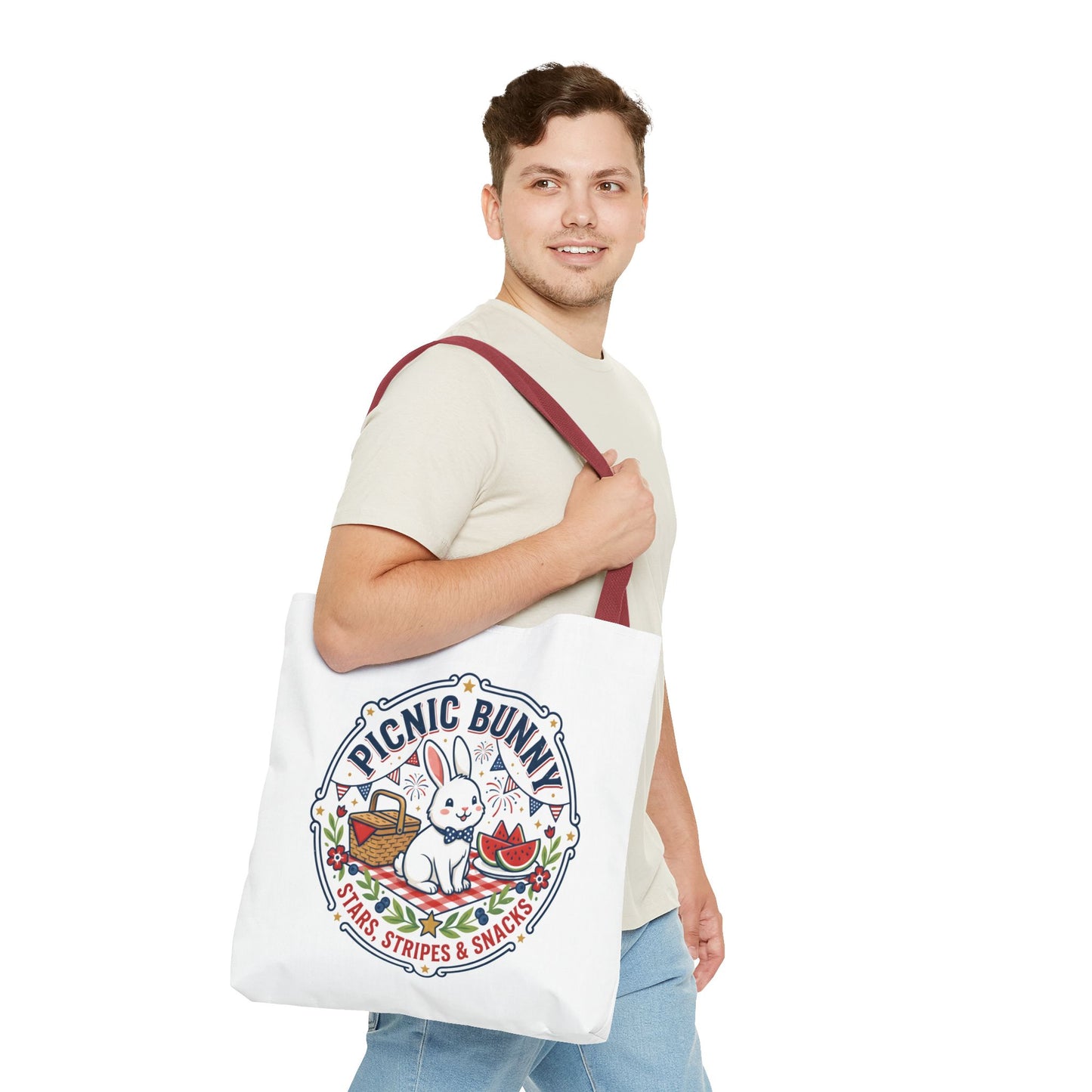 Patriotic Picnic Bunny Tote Bag — ‘Stars, Stripes & Snacks’ Cute Rabbit Picnic Tote, 4th of July Tote