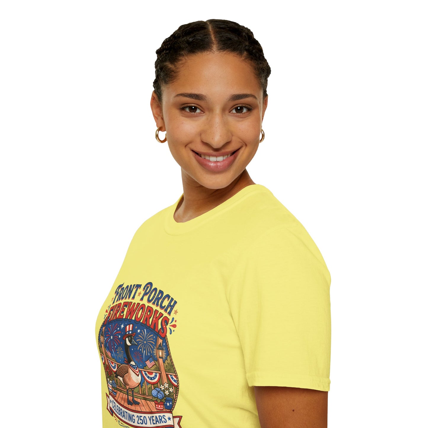 Front Porch Fireworks, Goose T-Shirt — Patriotic 4th of July Celebration Tee