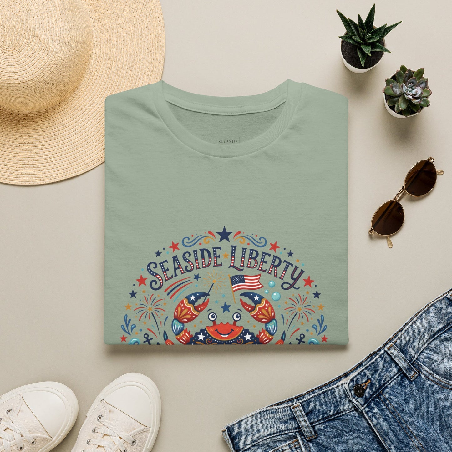 Seaside Liberty Crab T-Shirt — 4th of July Patriotic Summer Beach Tee