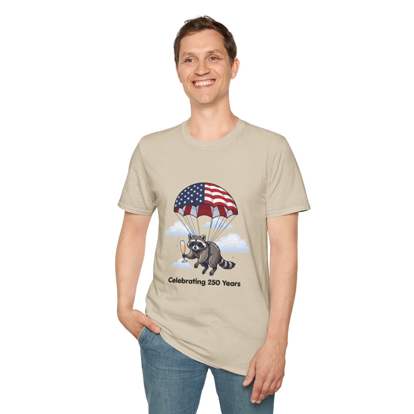 Patriotic Parachuting Raccoon T-Shirt — "Celebrating 250 Years"