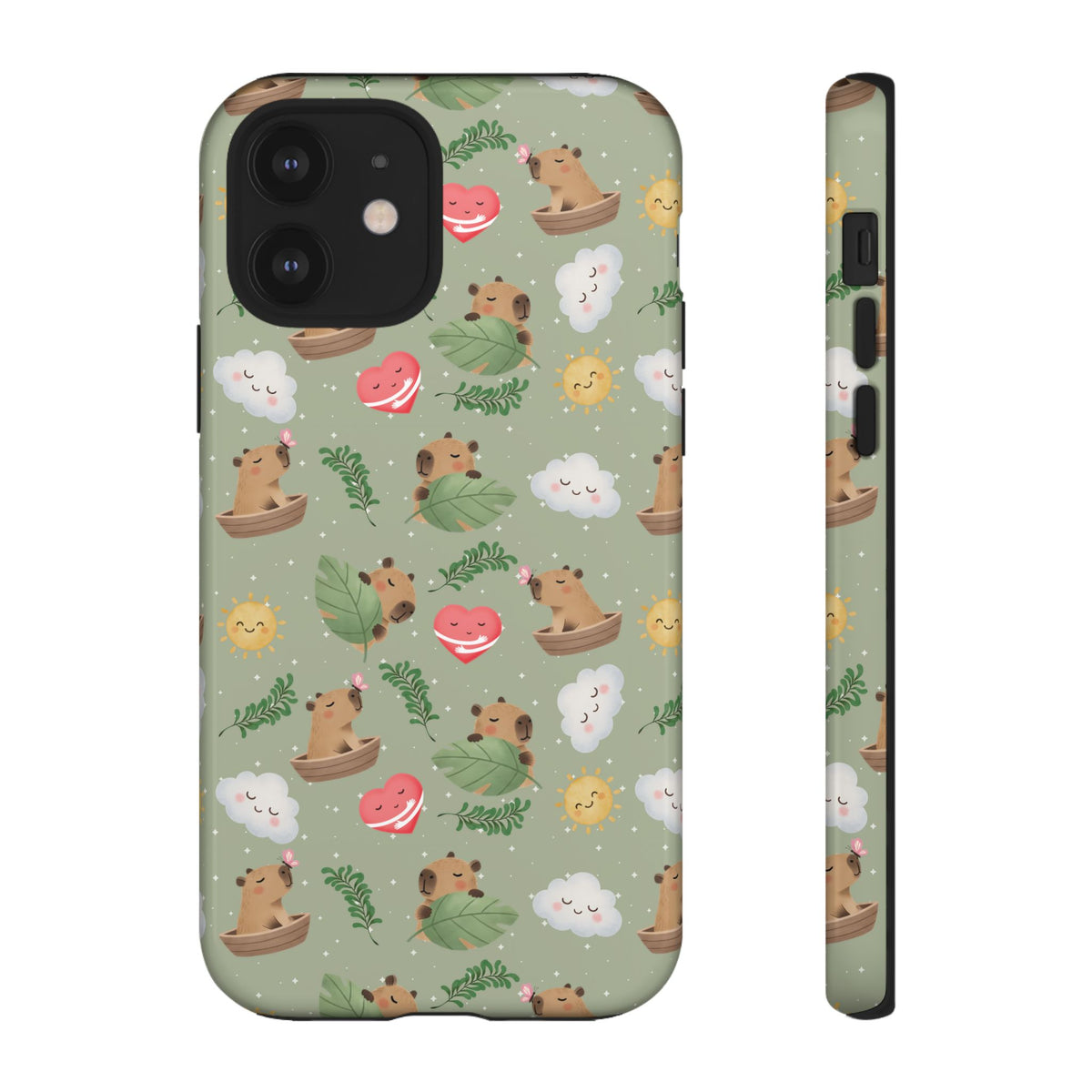 Cute Capybara Pattern Phone Case — Green Botanical Tough Case