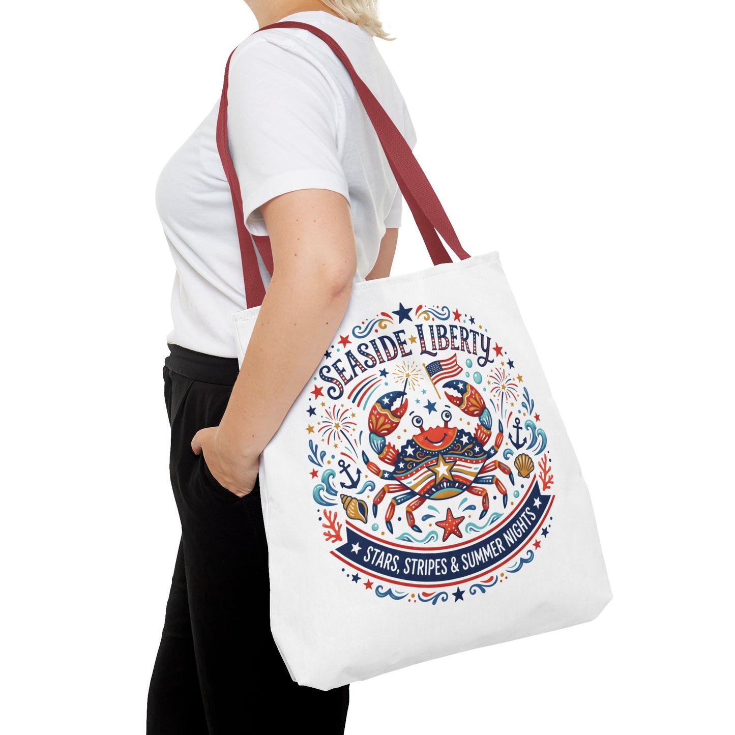 Seaside Liberty Tote Bag — 4th of July, Patriotic Bag "Stars, Stripes & Summer Nights"
