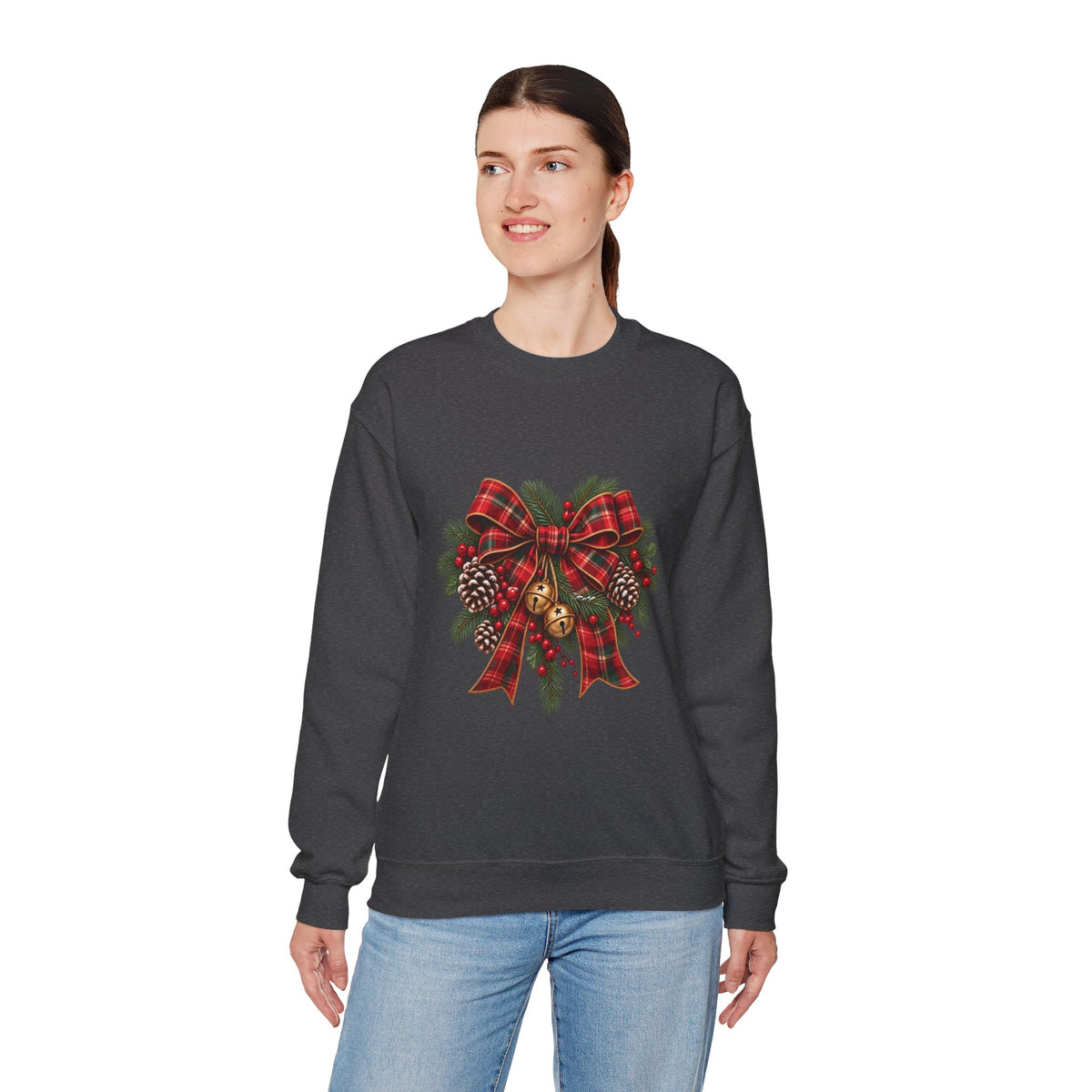 Christmas Plaid Bow Sweatshirt - Holiday Pinecone & Jingle Bells Crewneck