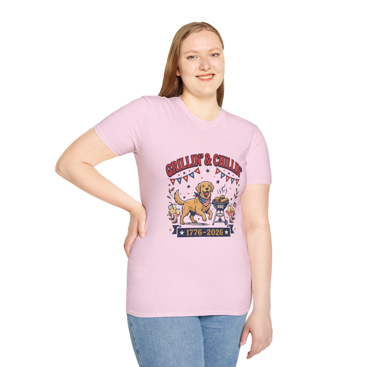 Grillin' & Chillin' BBQ Dog T-Shirt — 1776-2026 Patriotic Summer Tee, 4th of July Shirt, Independence Day Tee