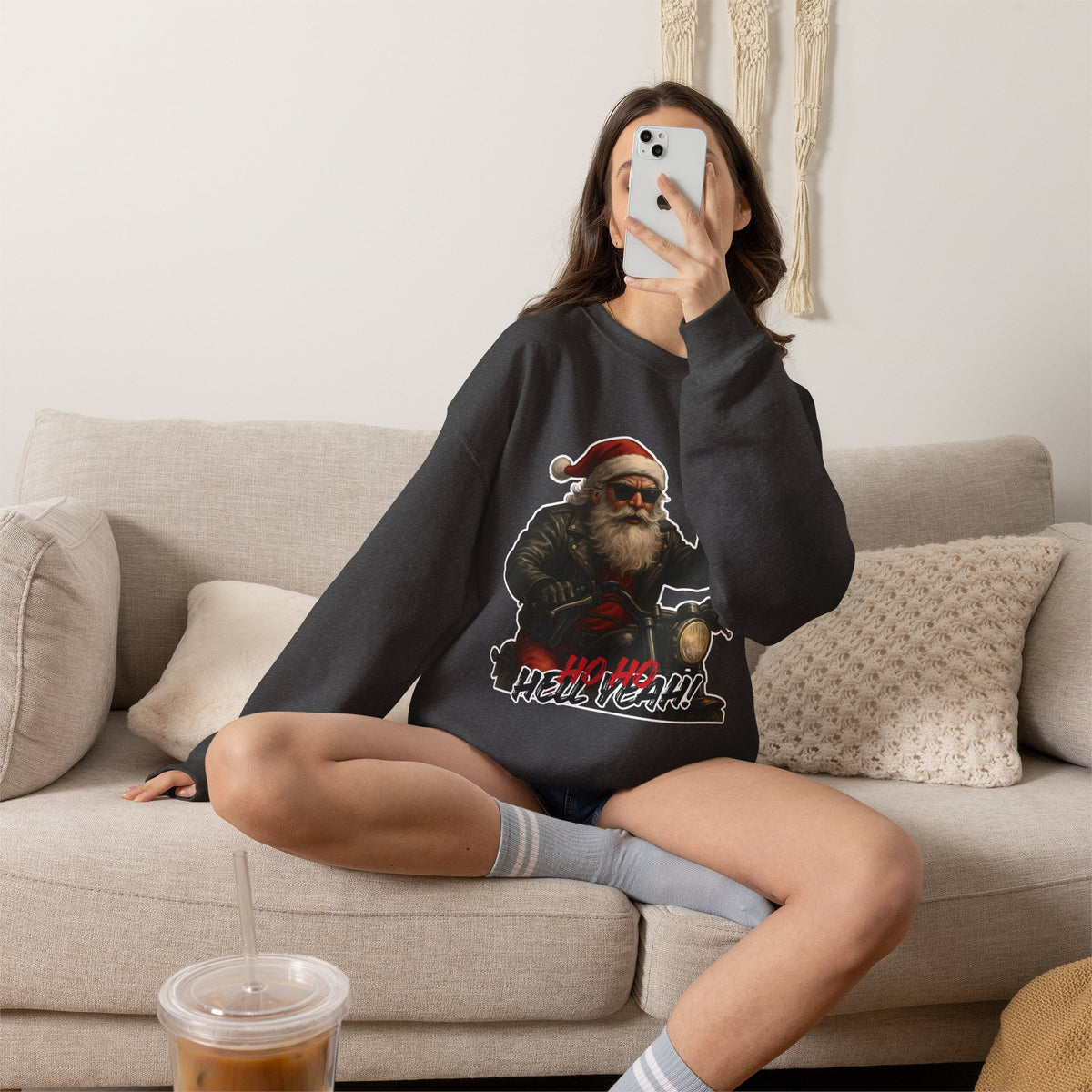 Santa Biker Crewneck Sweatshirt – 'Ho Ho Hell Yeah' Christmas Motorcycle Pullover