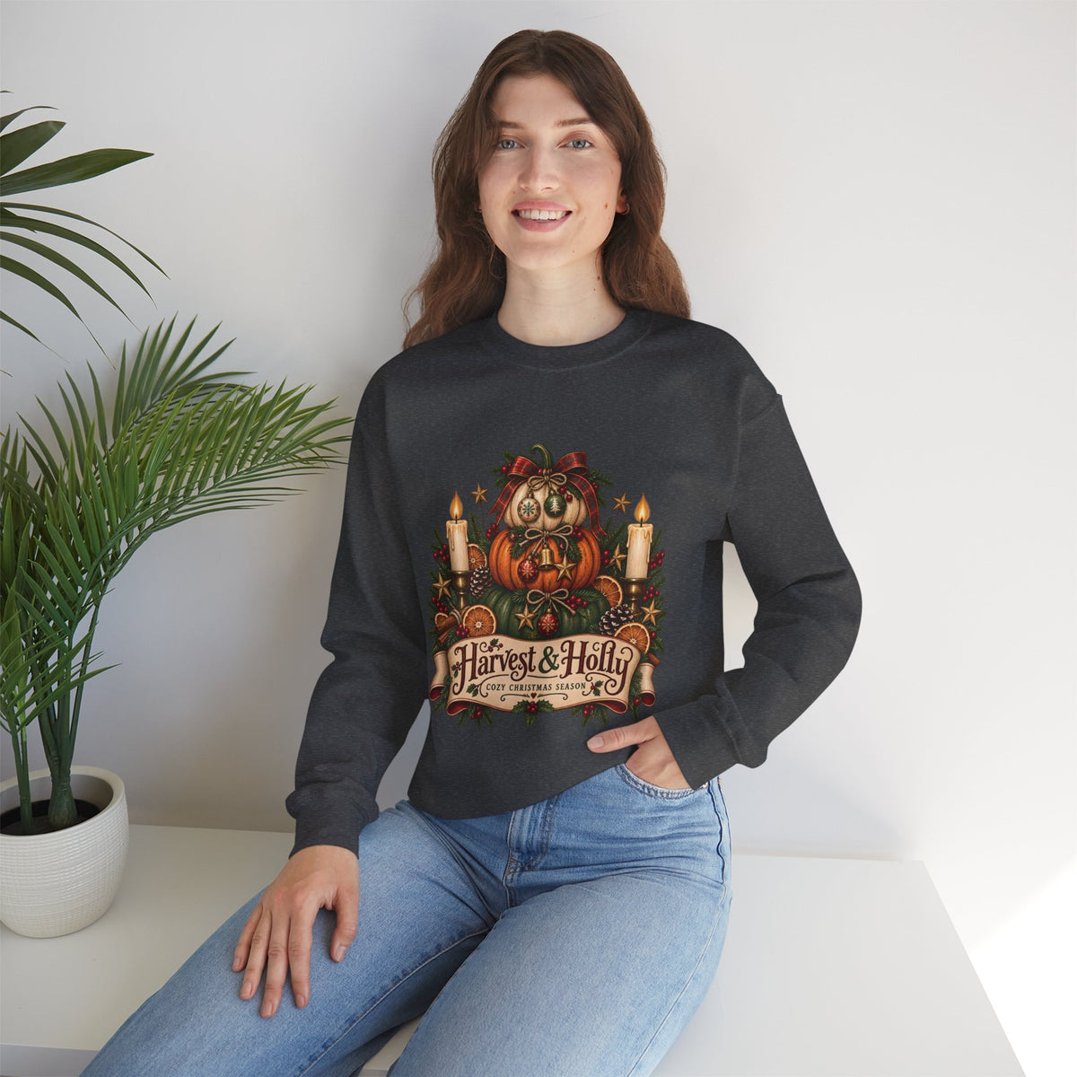 Harvest & Holly Crewneck Sweatshirt — Vintage Pumpkin Fall Graphic Sweatshirt