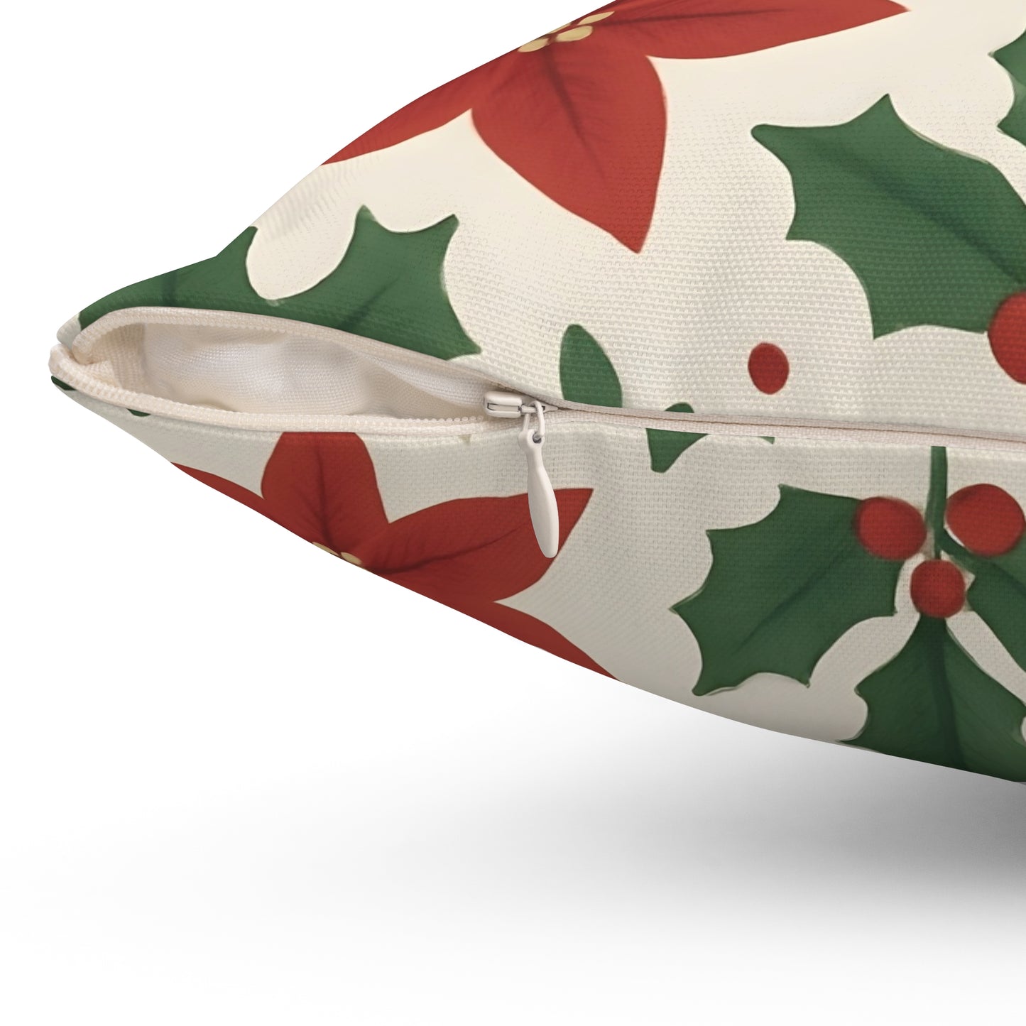 Poinsettia and Holly Leaves Holiday Throw Pillow - Festive Christmas Floral Decorative Cushion