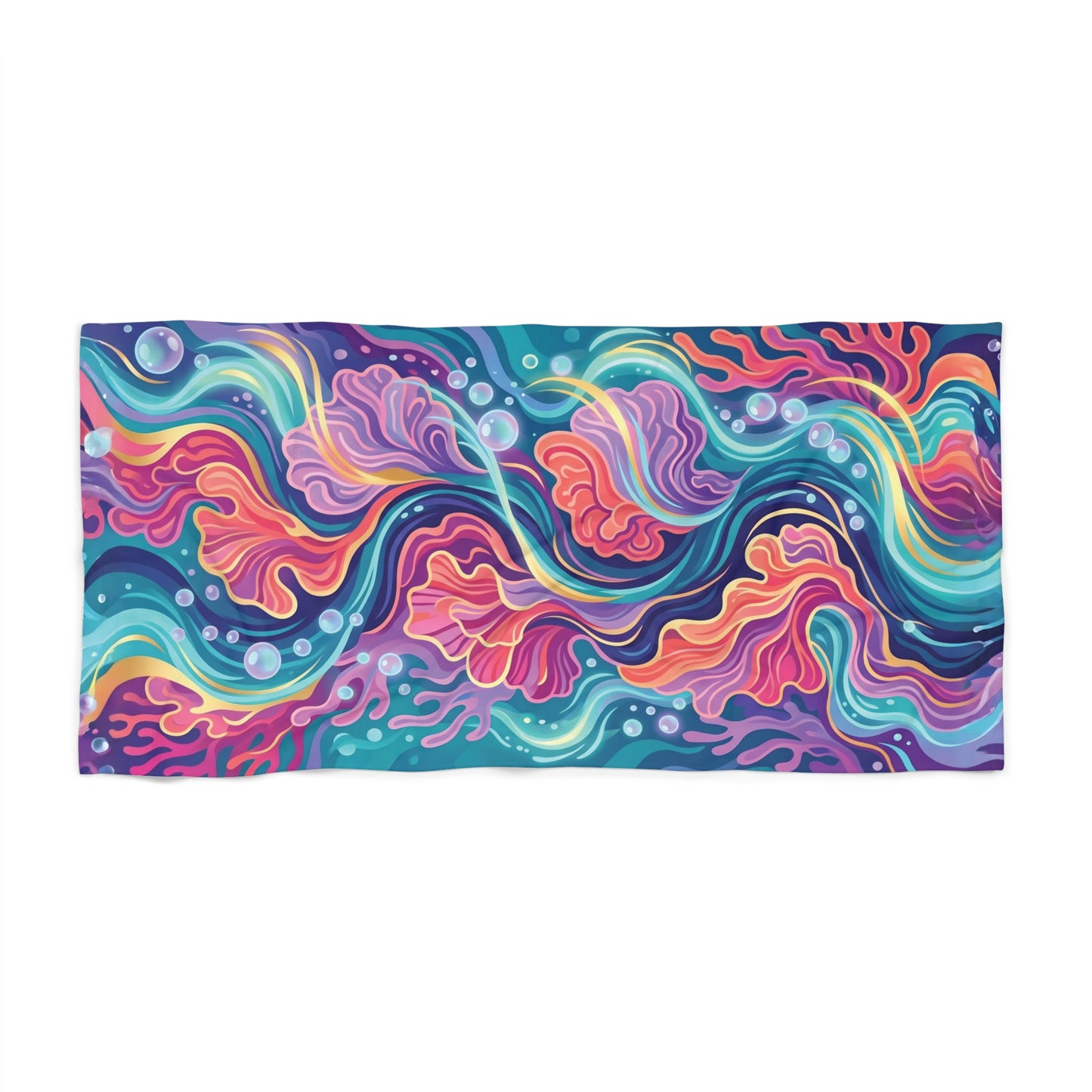 Colorful Ocean Waves Beach Towel — Abstract Jellyfish & Seaweed Design