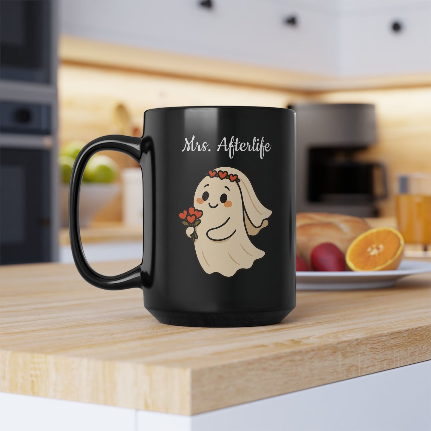 Ghostly Mrs. Afterlife Mug | Spooky Gift for Halloween, Cute Coffee Cup for Ghost Lovers, Bridal Shower, Unique Wedding Present